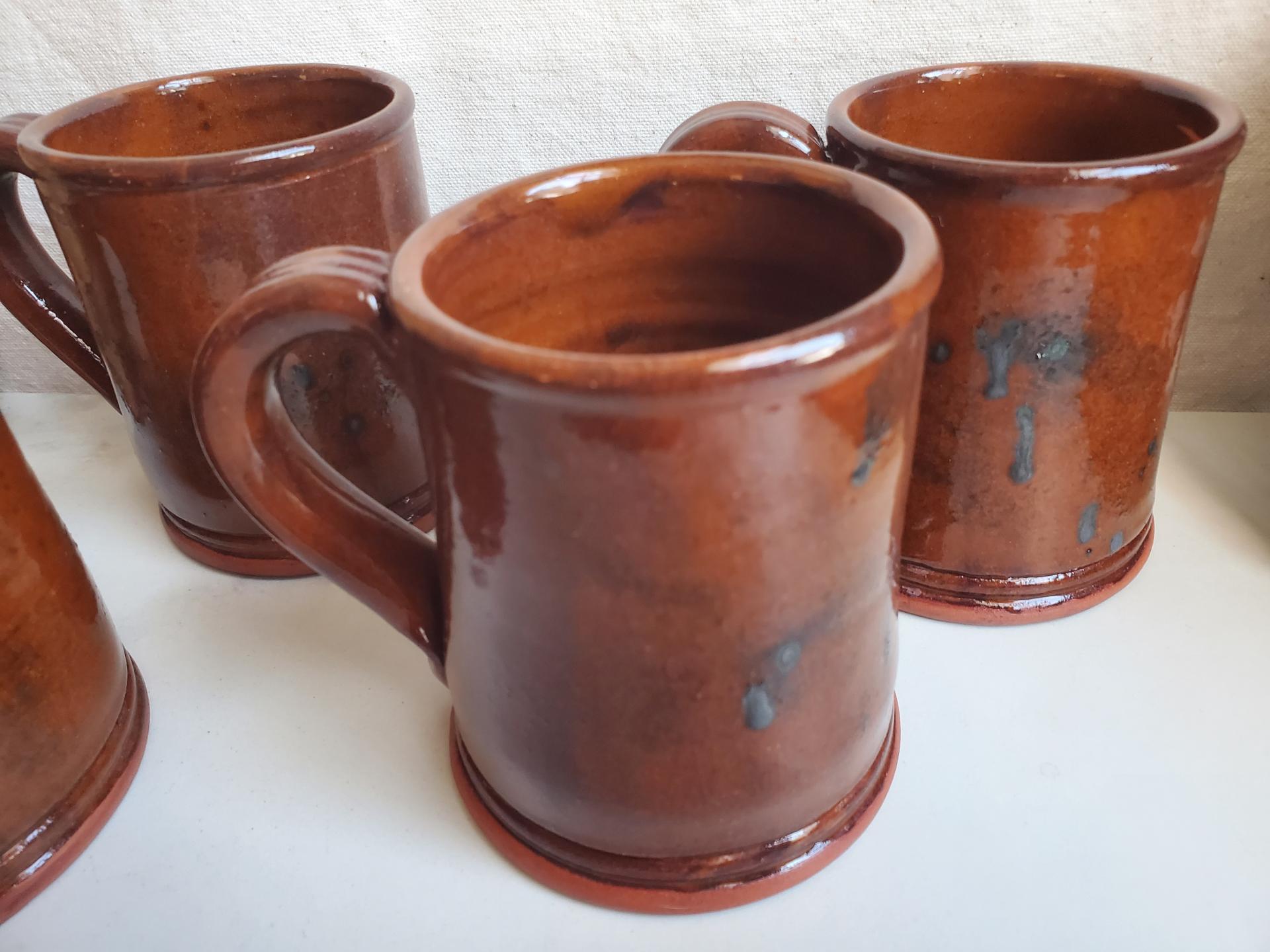 Slip-Decorated Redware (4) Mugs with Spangles