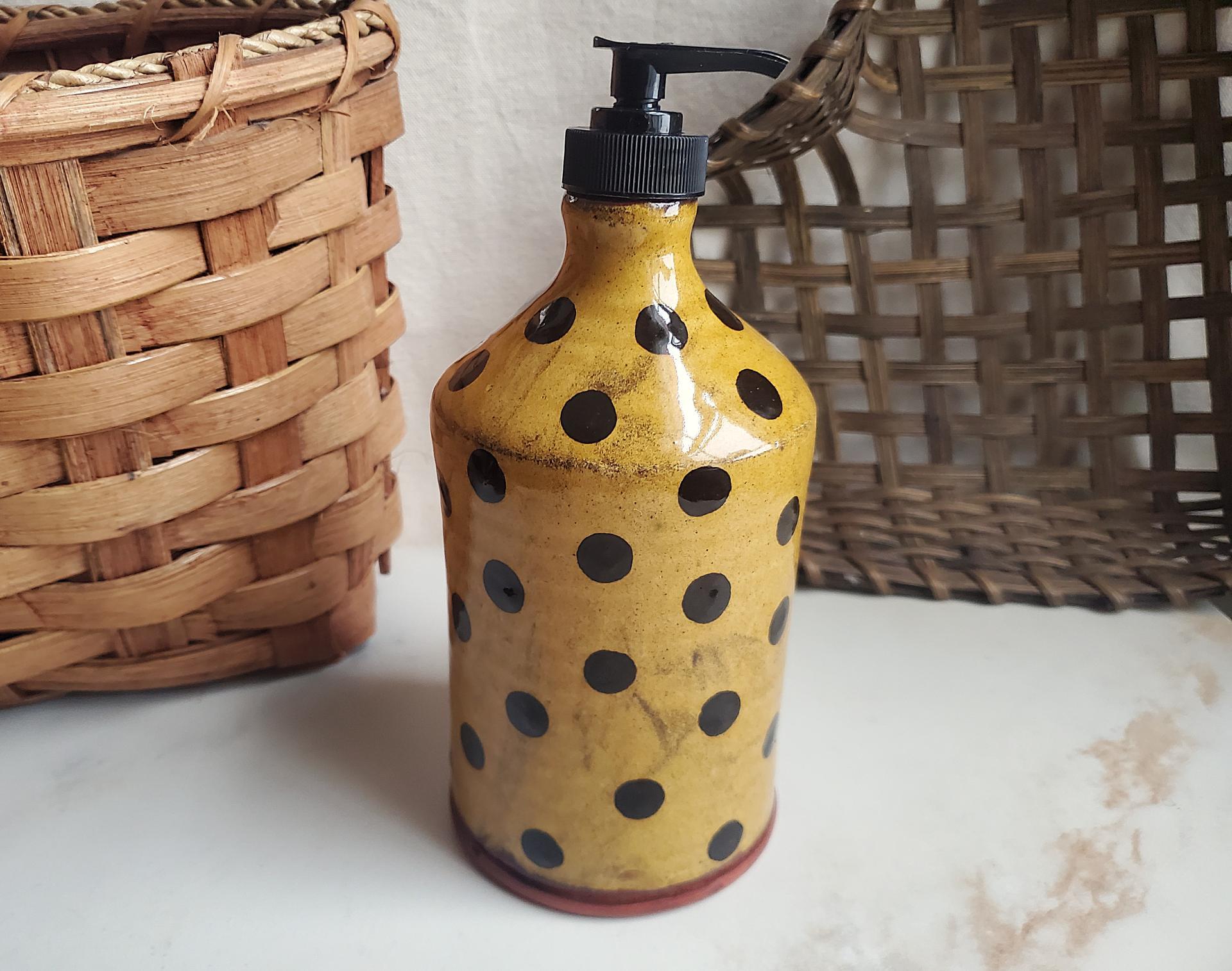 Redware Soap or Lotion Dispenser Bottle, Large Size with Black Dots