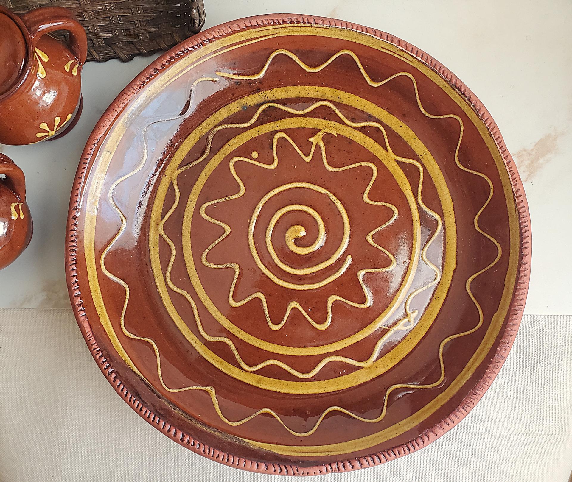 Redware Platter, Charger with Slip-Decorated Traditional Pattern