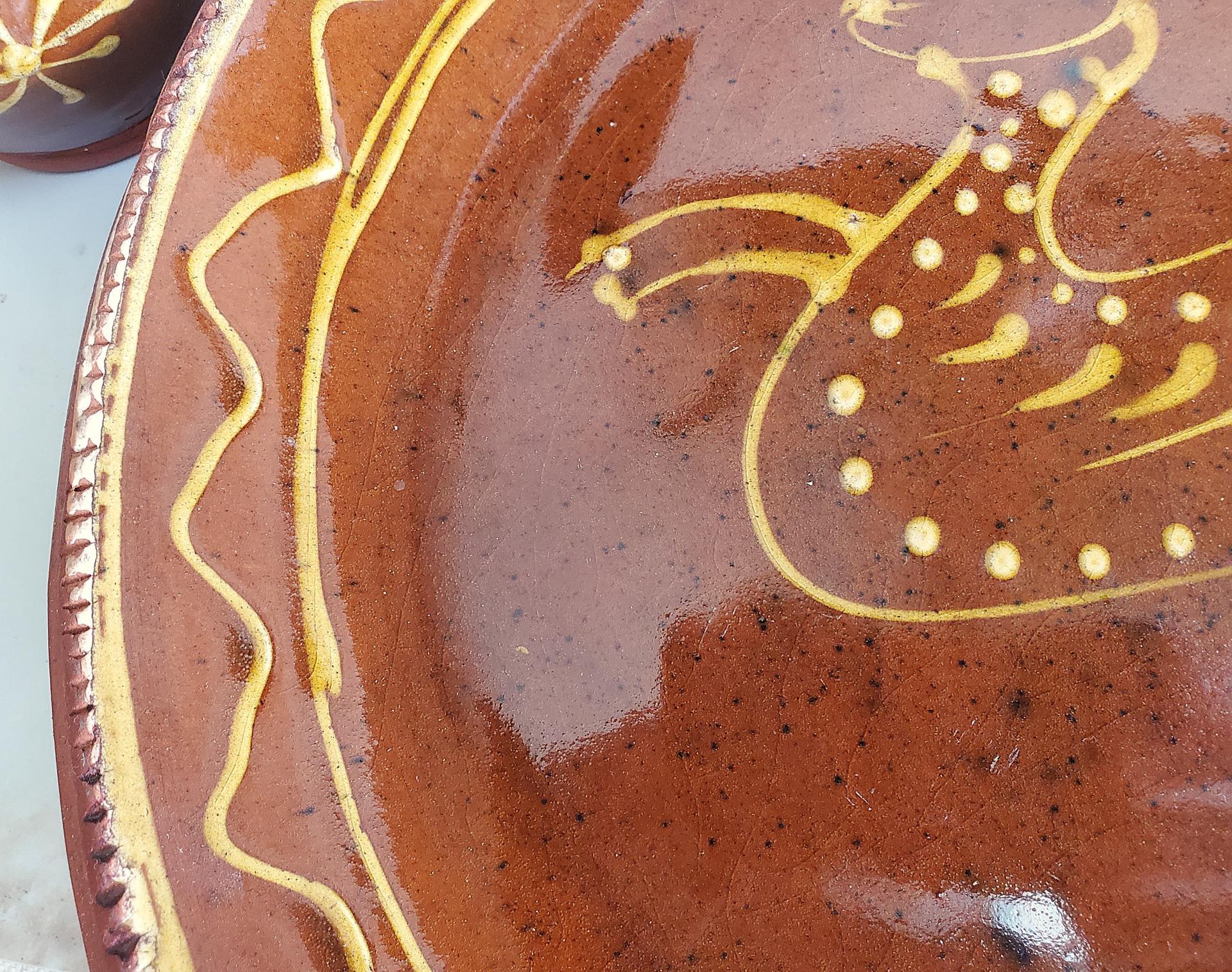 Large Redware Platter, Charger with Slip-Decorated Bunny