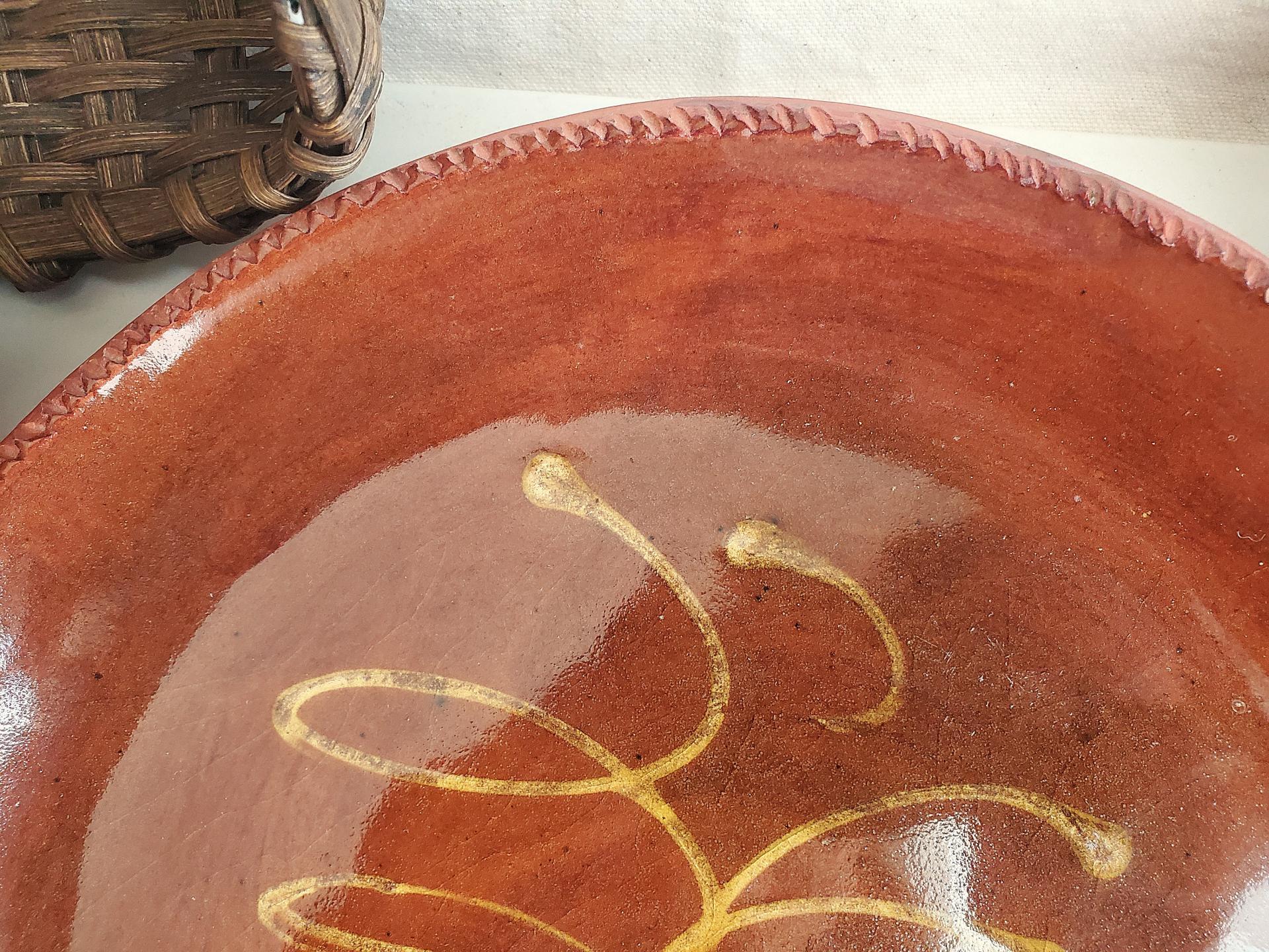  Slip-Decorated Redware 11 in. Plate with Feather Motif