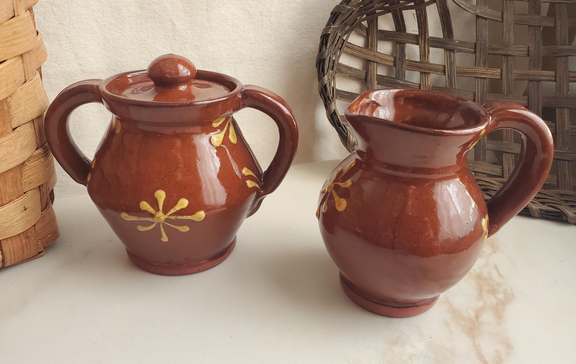 Redware Sugar and Creamer Set with Slip Motif