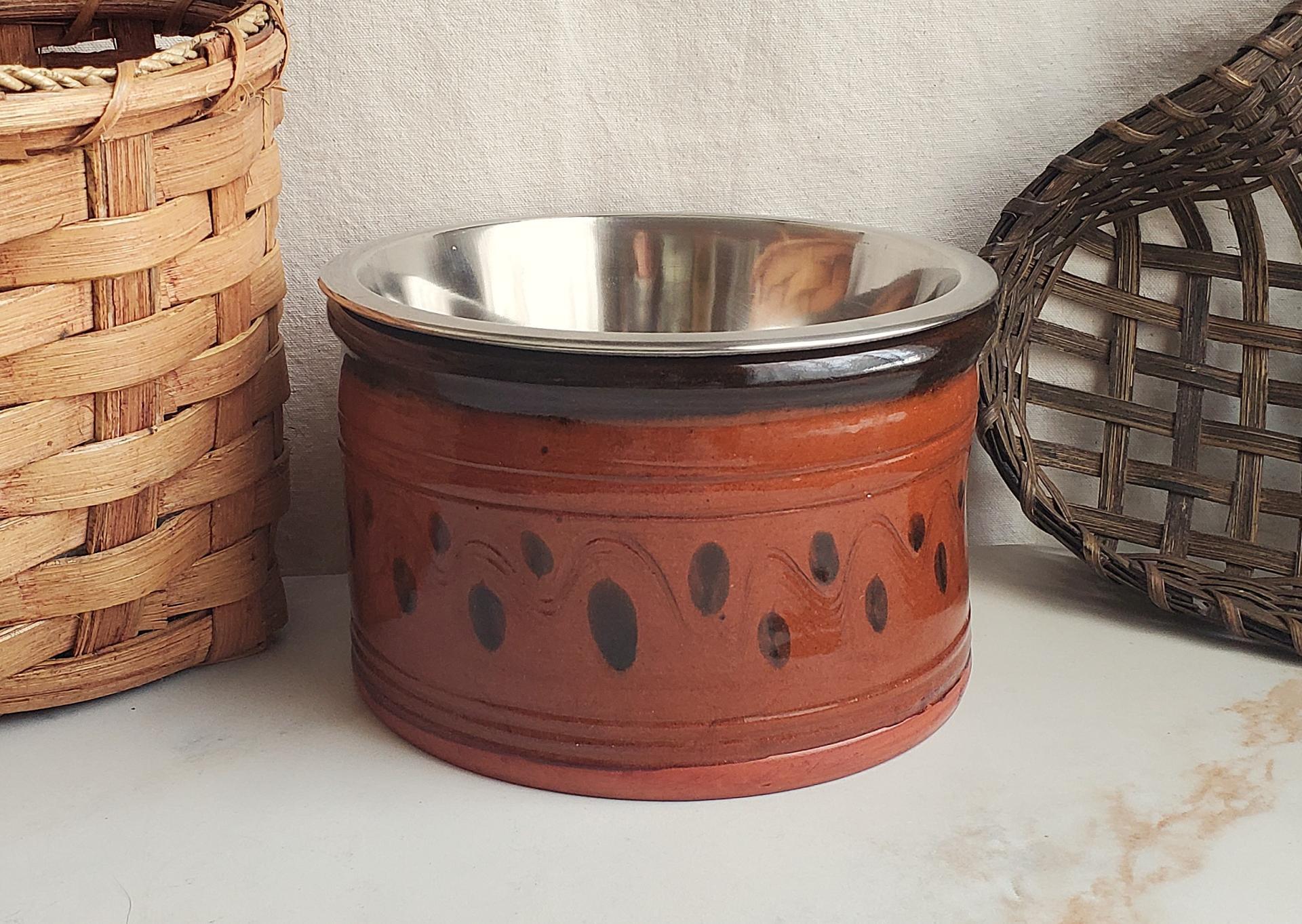 Large Redware Pet Food Bowl with Stainless Steel Insert, Black Splotches