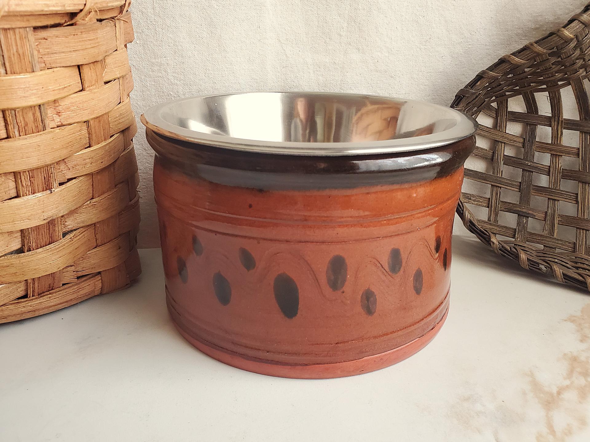 Large Redware Pet Food Bowl with Stainless Steel Insert, Black Splotches