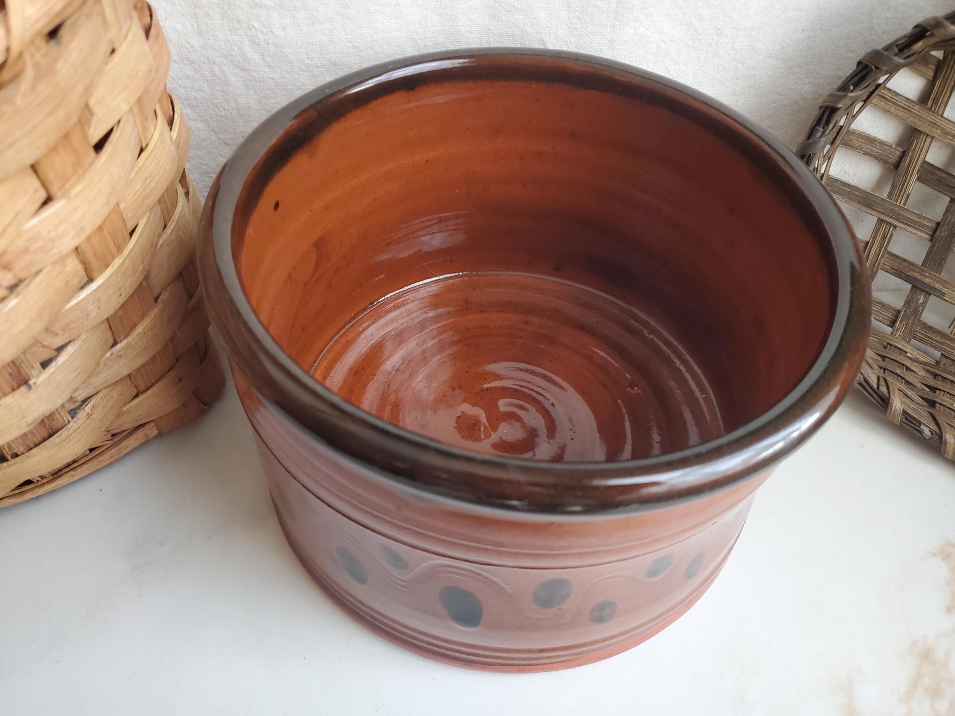 Large Redware Pet Food Bowl with Stainless Steel Insert, Black Splotches