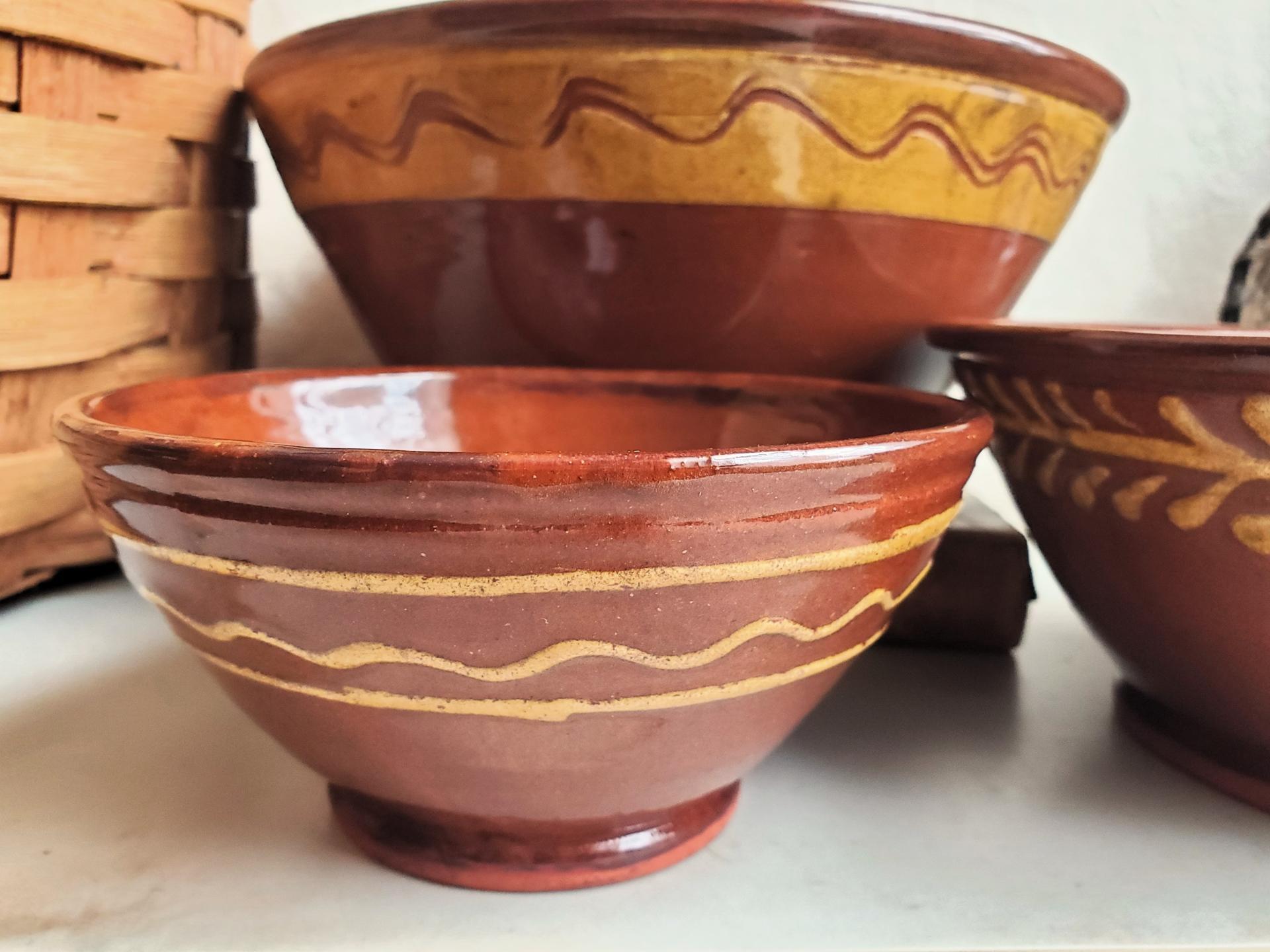Redware Nesting Bowls (3), Various Slipware Motifs, Antique Finish