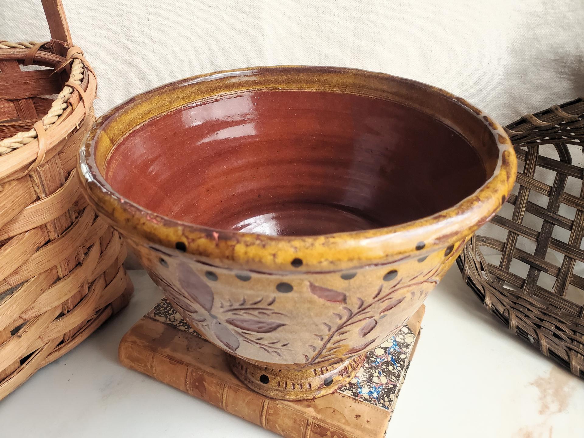 Redware Fruit Bowl with Sgraffito Pattern