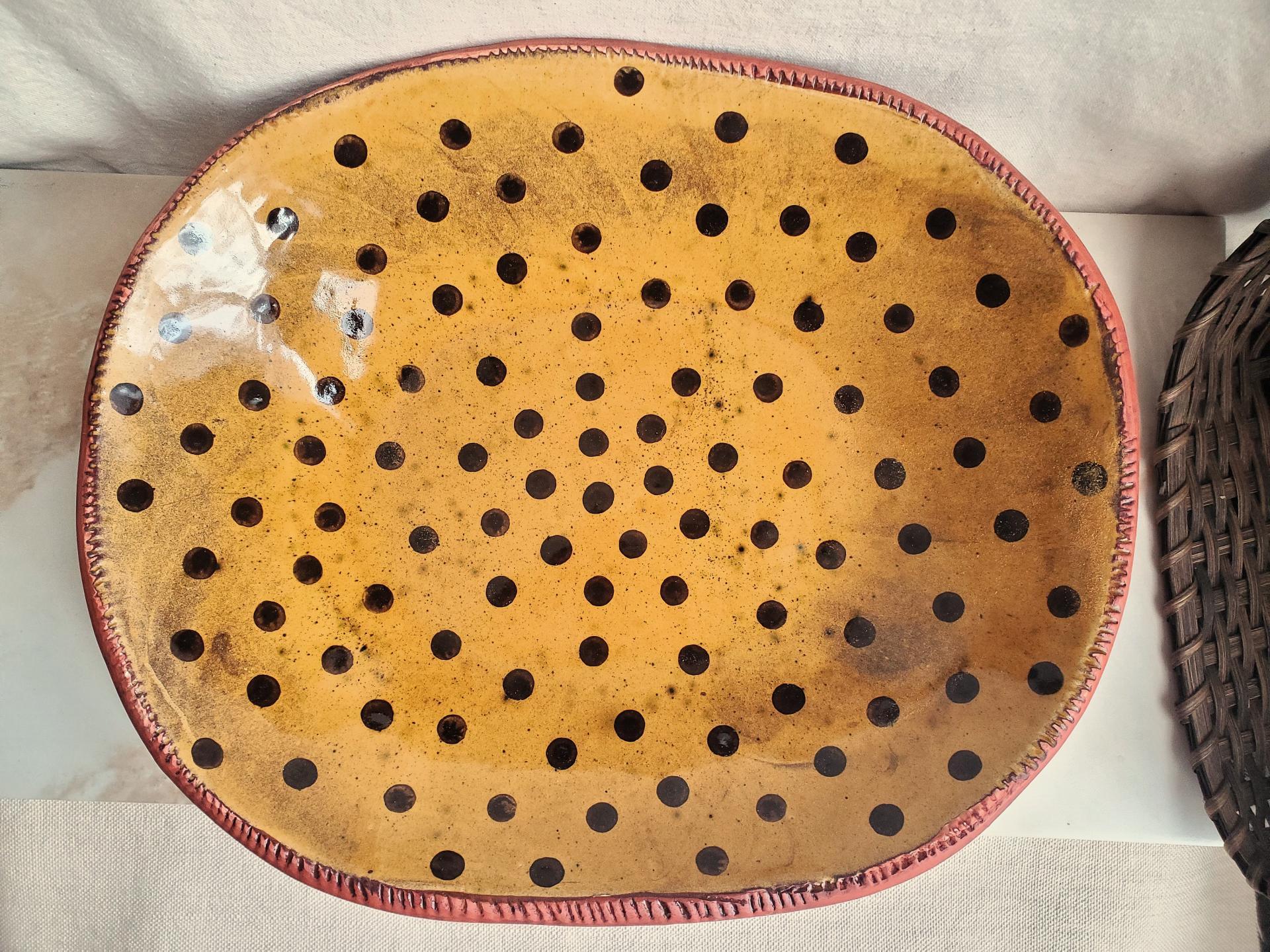 Redware Deep Trencher with Black Dots