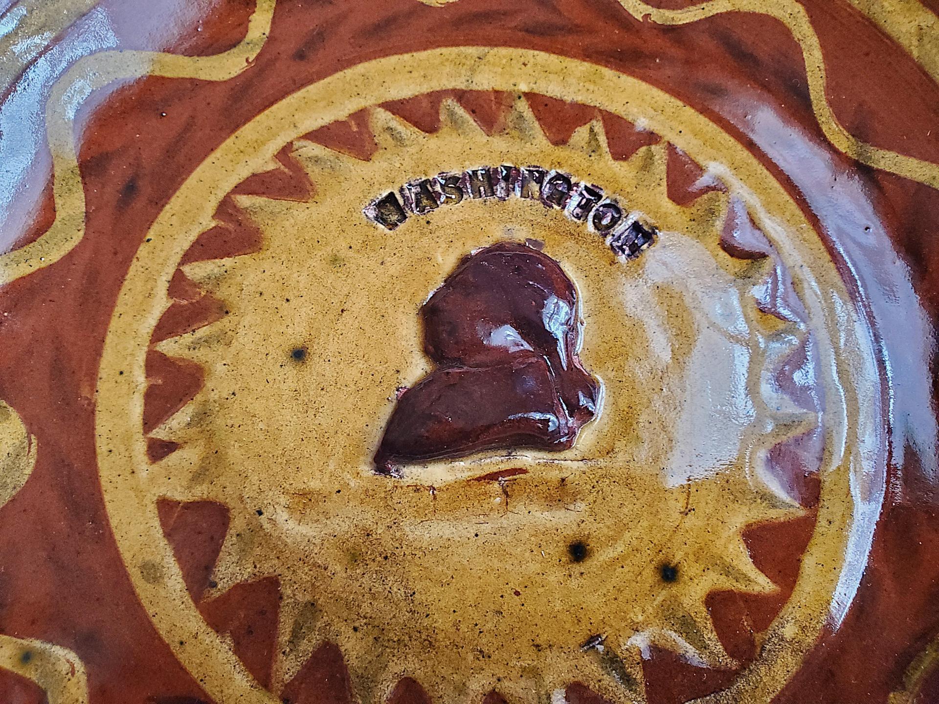 Redware 9 in. Plate, One-of-a-Kind Applied Washington Portrait
