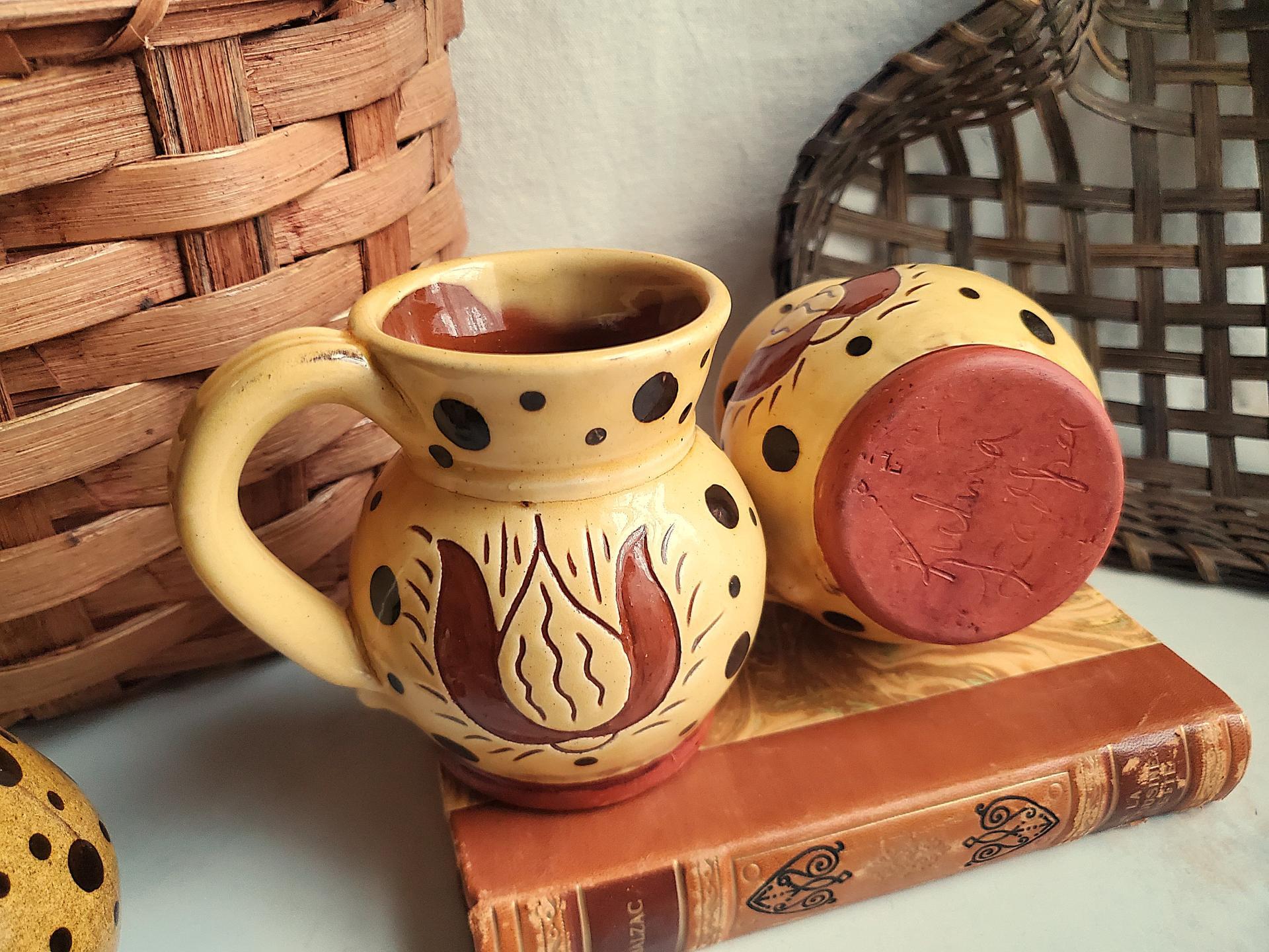 Sgraffito Redware Mugs (2) with Black Dots