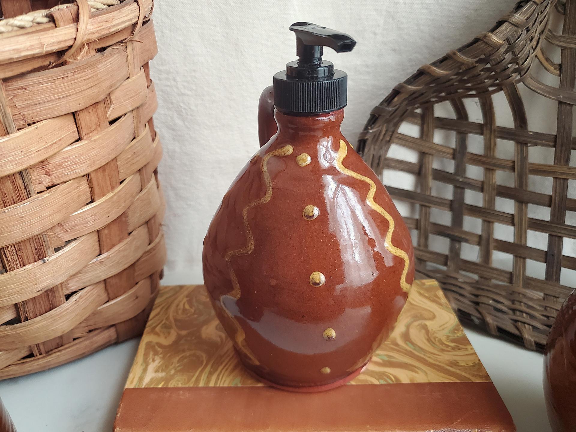 Redware Soap/Lotion Dispenser Jug with Squiggles and Dots Pattern