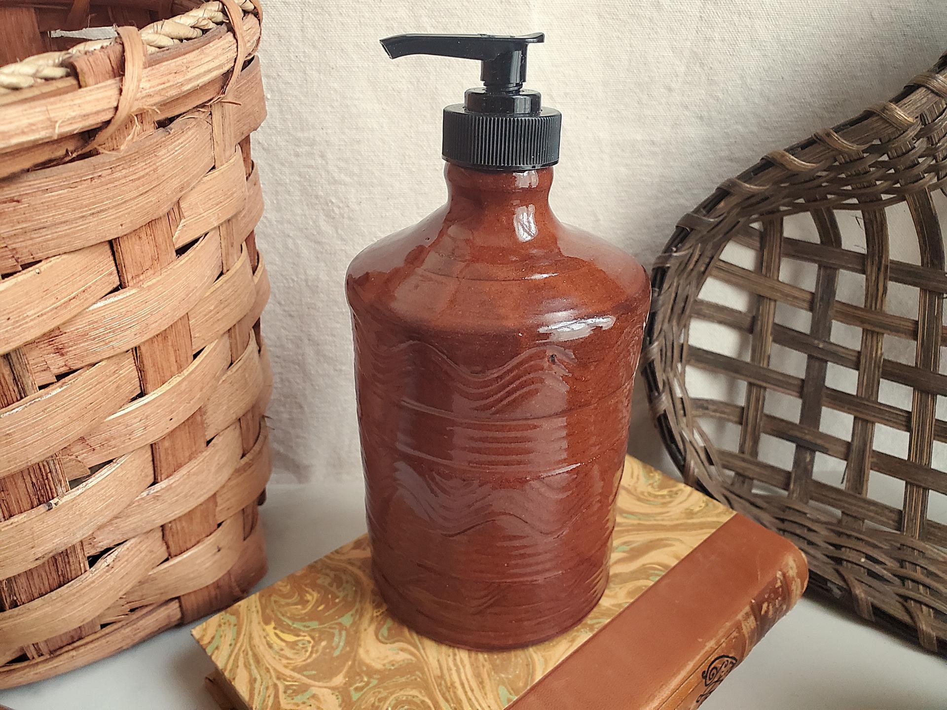 Redware Soap Dispenser, Antiqued, Incised Pattern