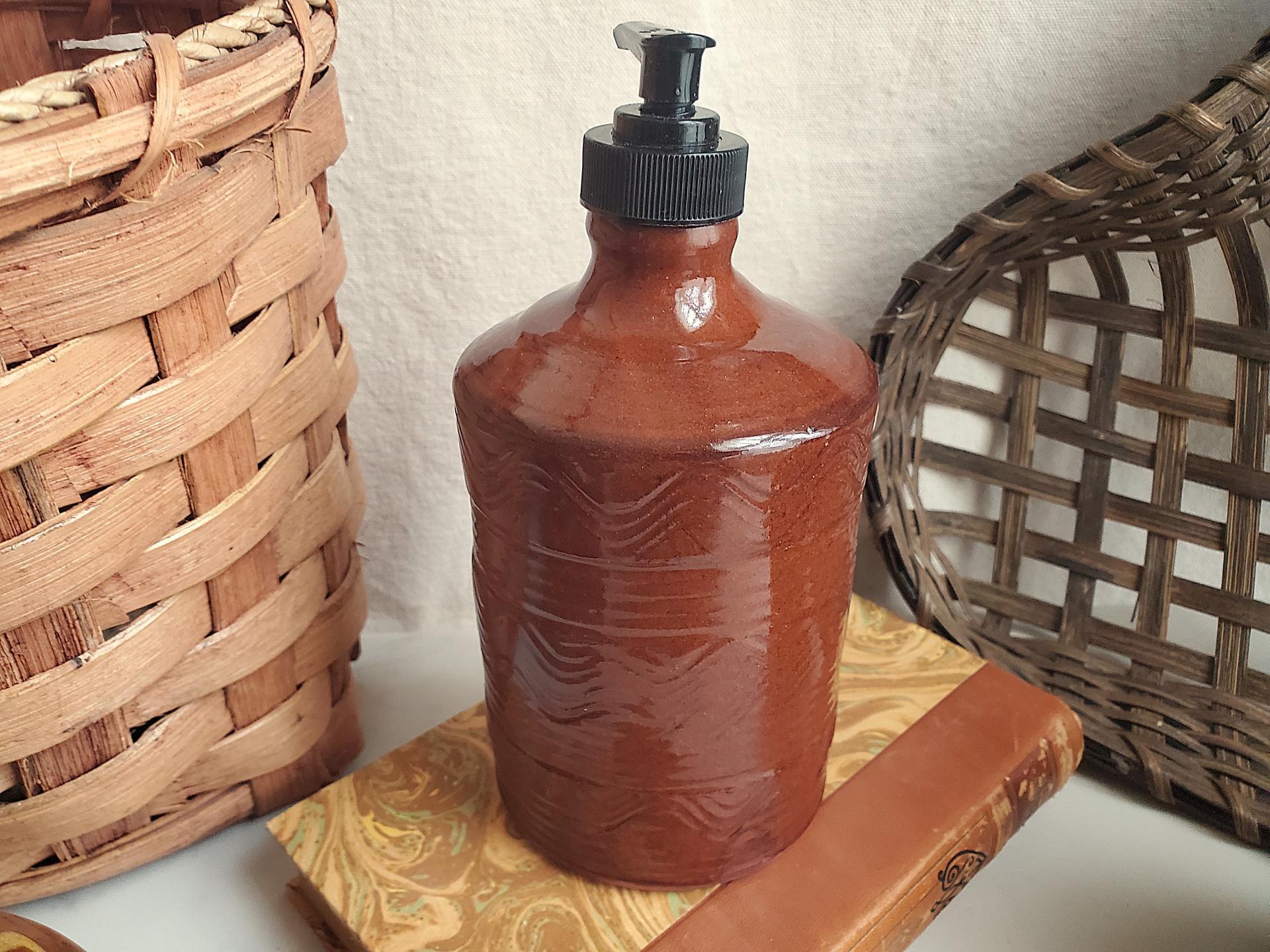 Redware Soap Dispenser, Antiqued, Incised Pattern