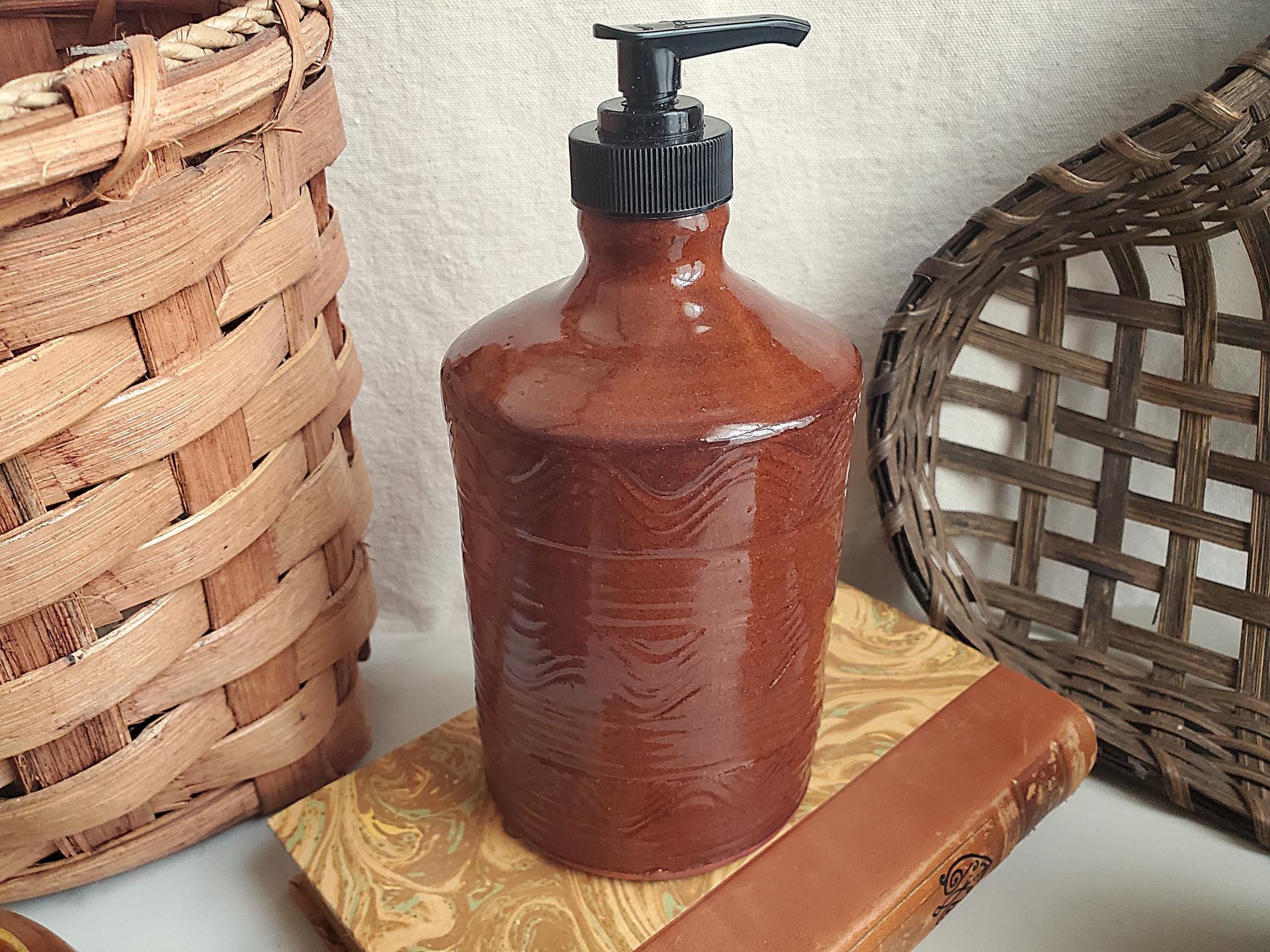 Redware Soap Dispenser, Antiqued, Incised Pattern