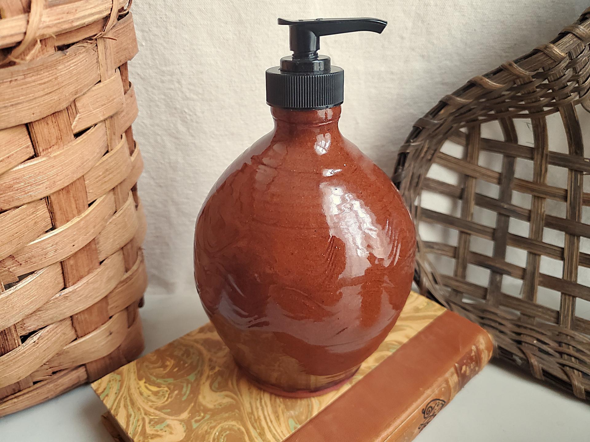 Redware Soap Dispenser, Antiqued, Incised Pattern