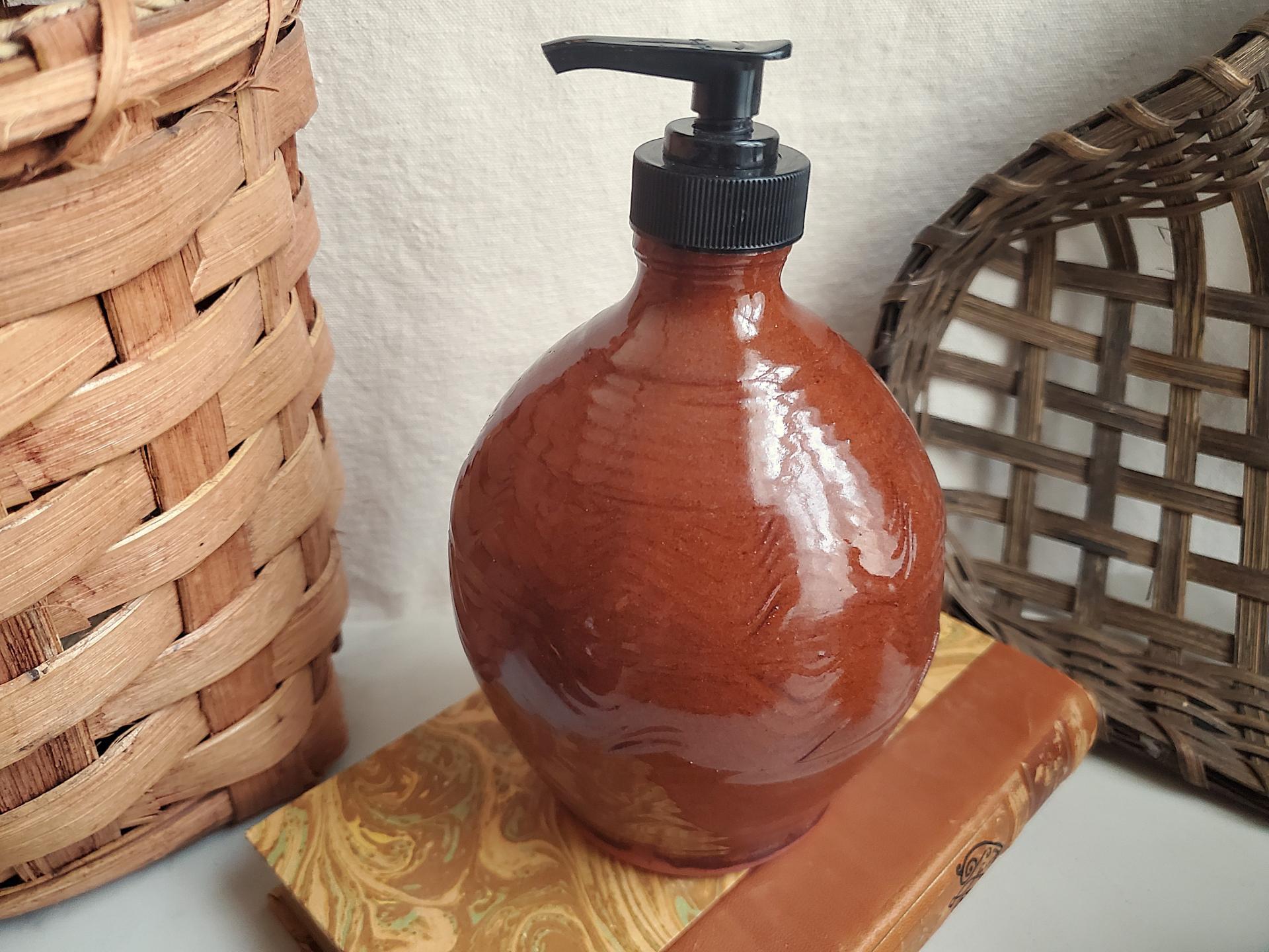 Redware Soap Dispenser, Antiqued, Incised Pattern