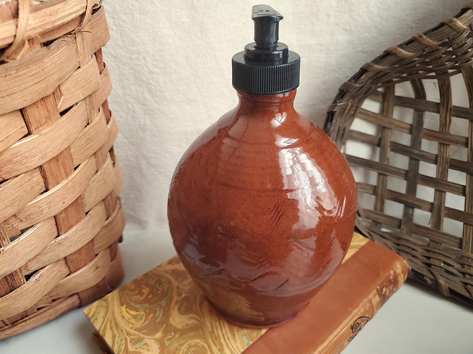 Redware Soap Dispenser, Antiqued, Incised Pattern