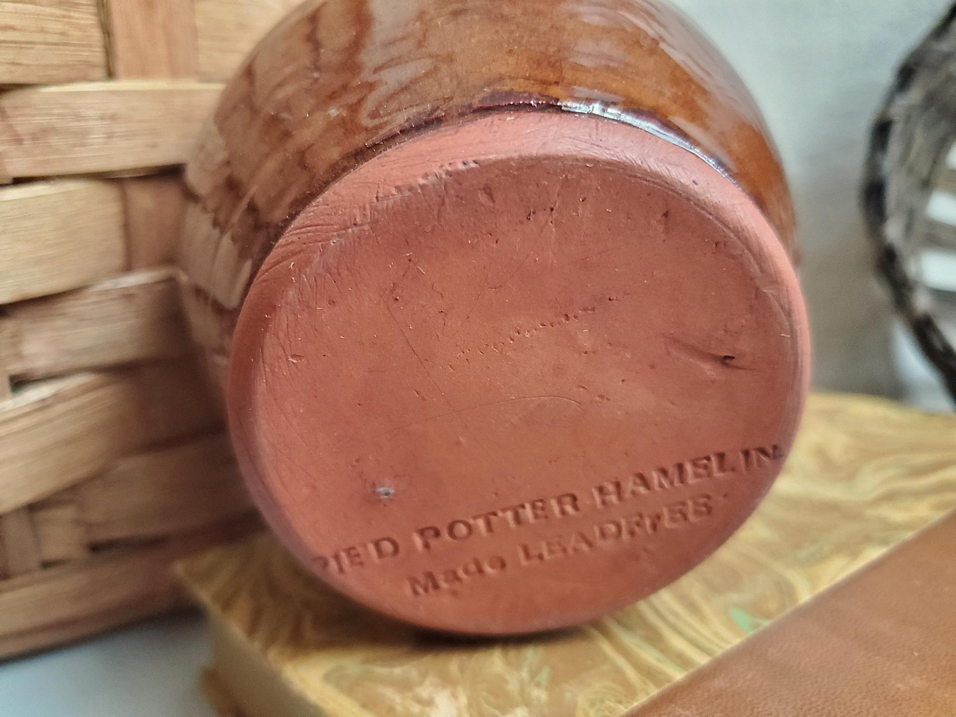 Redware Soap Dispenser, Antiqued, Incised Pattern