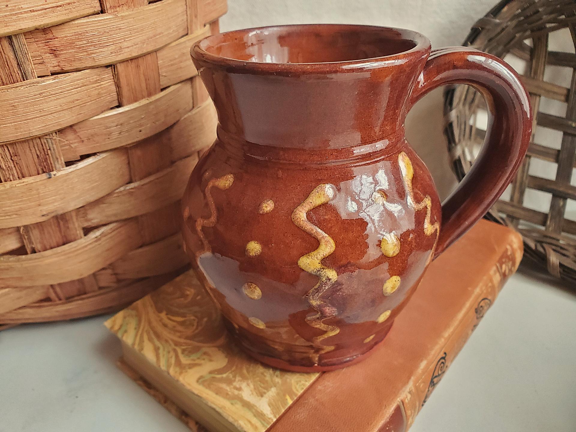 Redware Mug with Squiggles and Dots Pattern