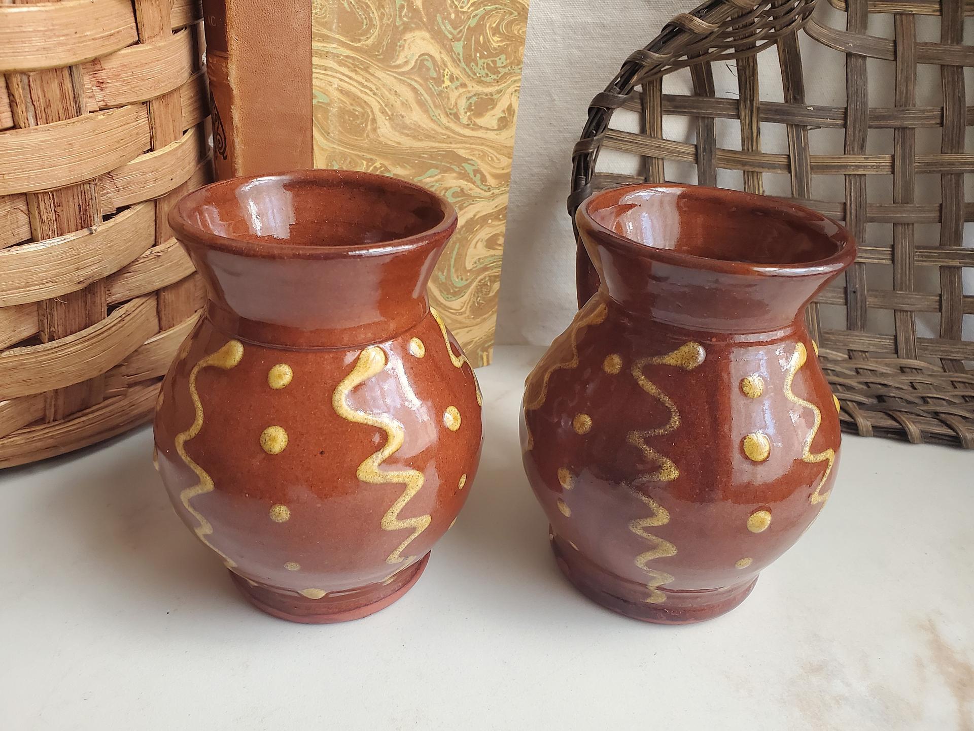 Redware Mugs (2) with Squiggles and Dots