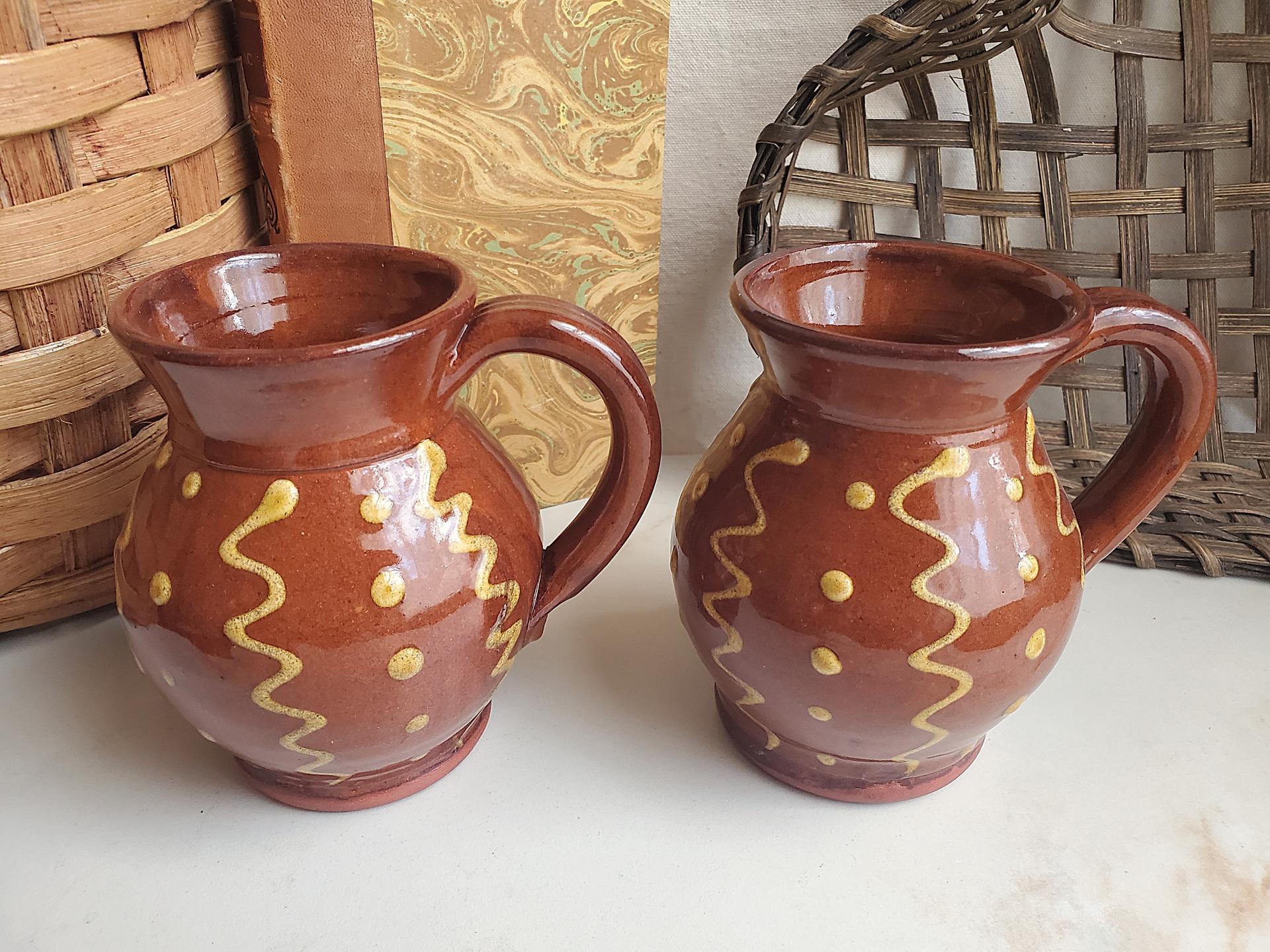 Redware Mugs (2) with Squiggles and Dots