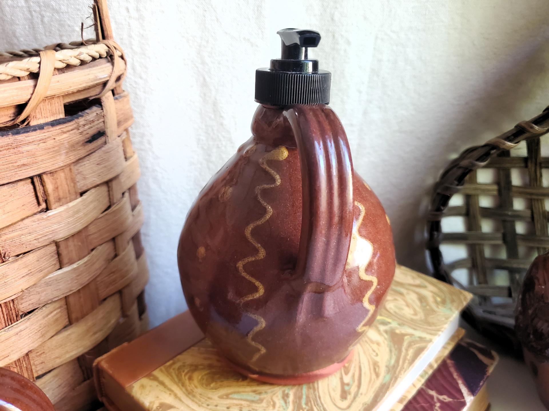 Redware Soap/Lotion Dispenser Jug with Squiggles and Dots