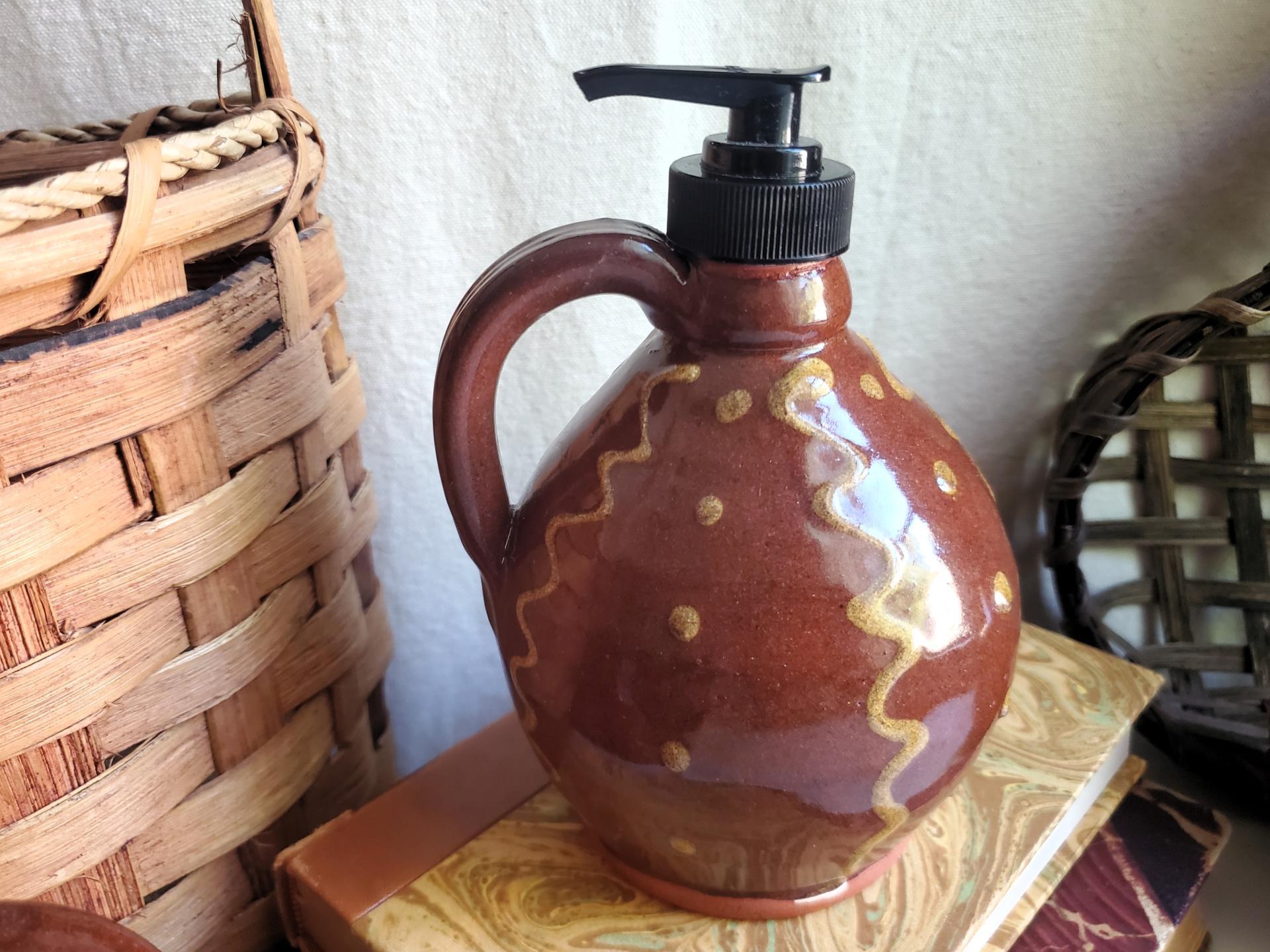 Redware Soap/Lotion Dispenser Jug with Squiggles and Dots