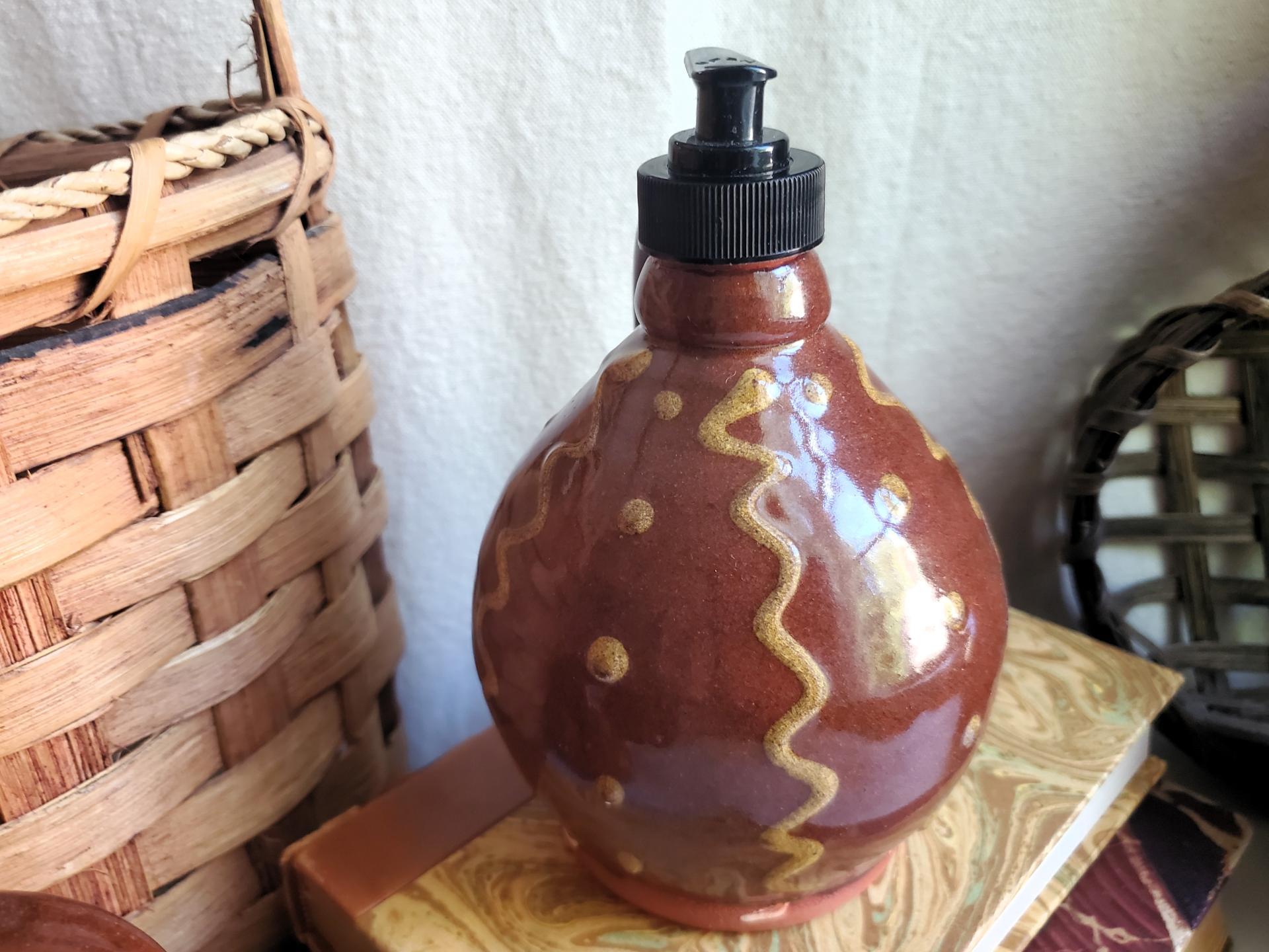 Redware Soap/Lotion Dispenser Jug with Squiggles and Dots