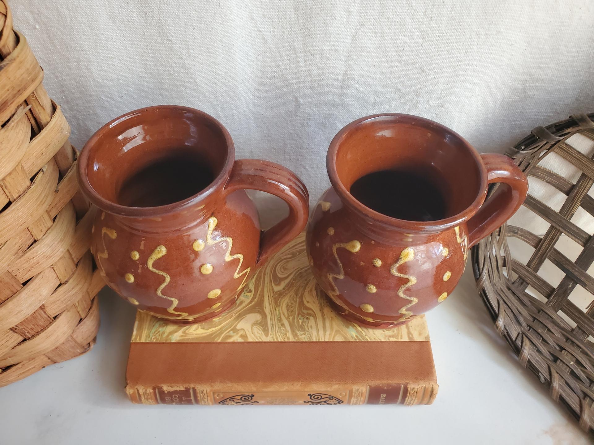 Redware Mugs (2) with Squiggles and Dots
