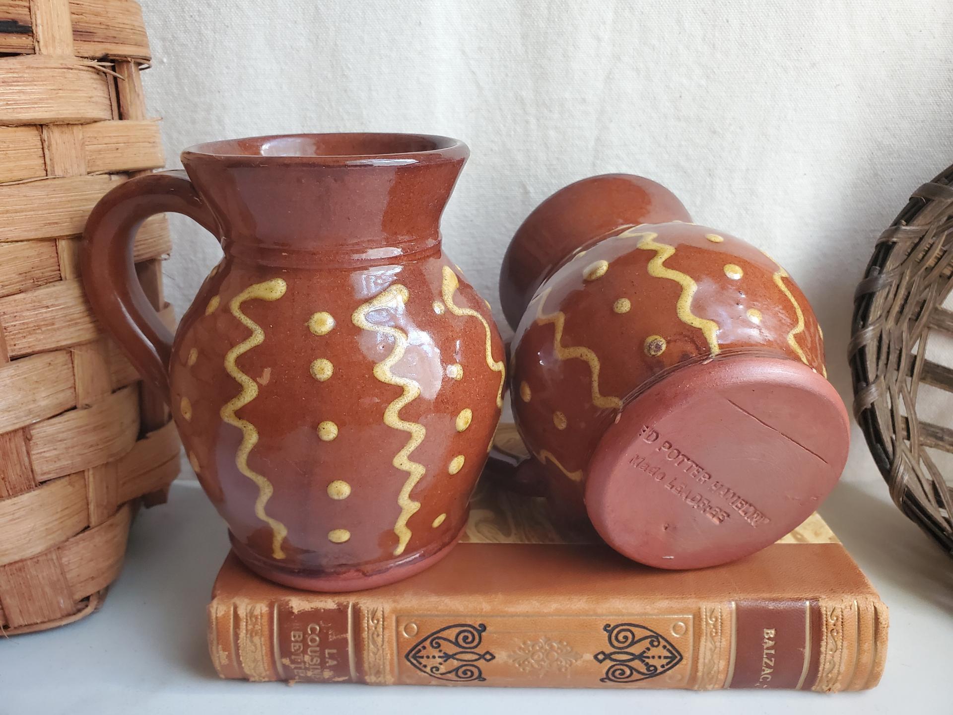 Redware Mugs (2) with Squiggles and Dots