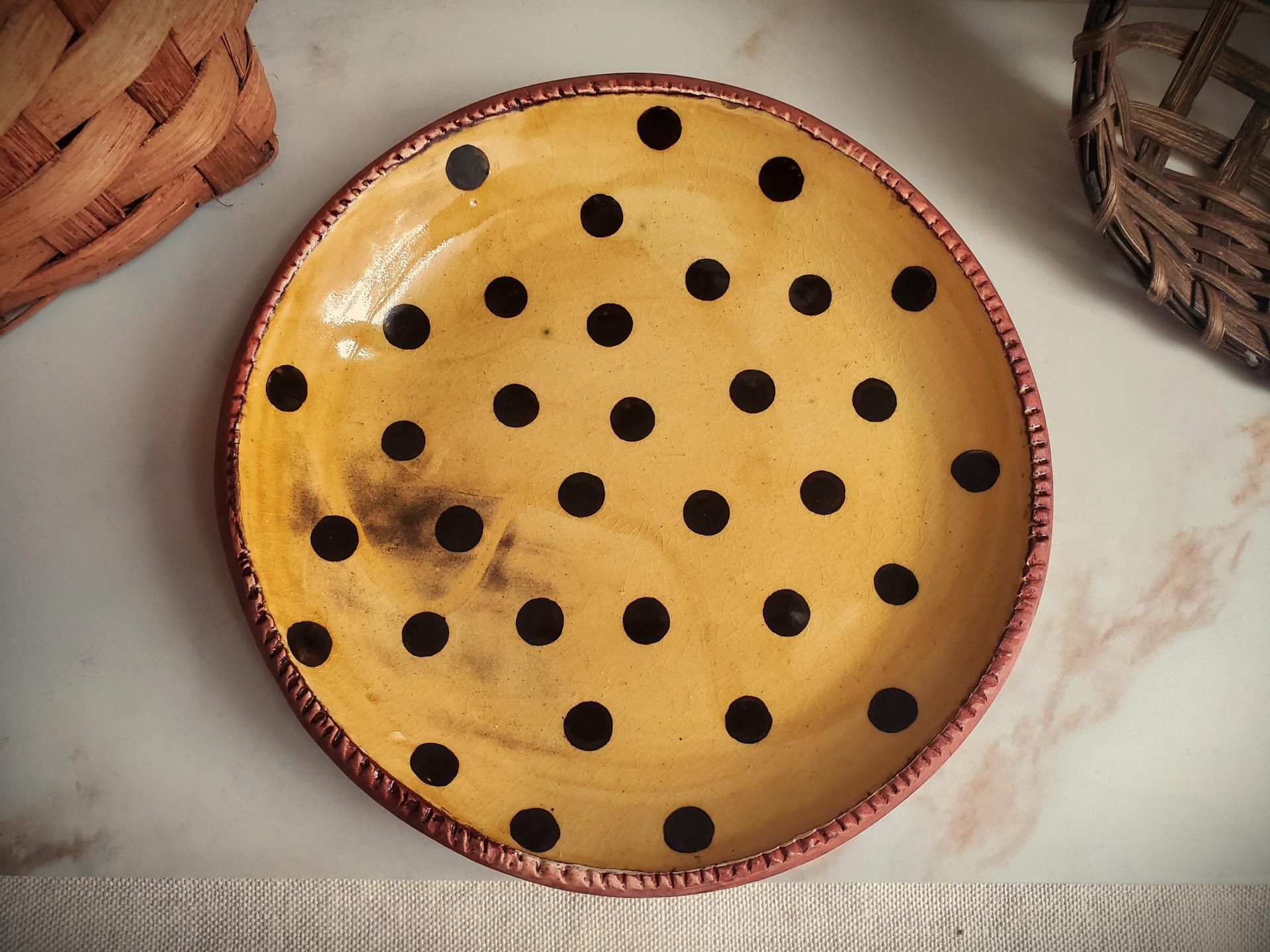 Redware 9 in. Plate with Black Dots
