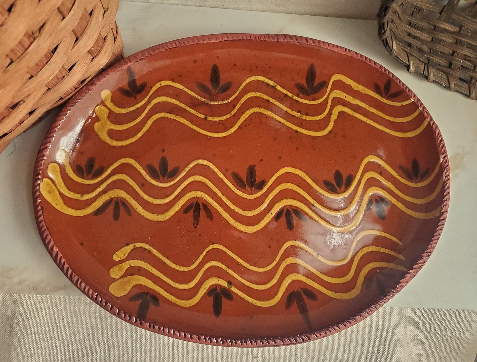 Redware Oval Platter with "Wave" Motif