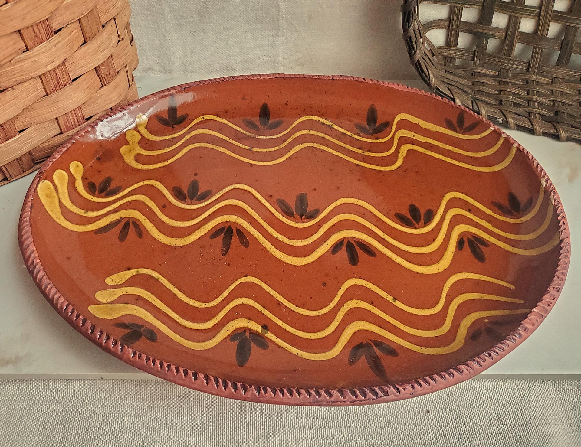 Redware Oval Platter with "Wave" Motif