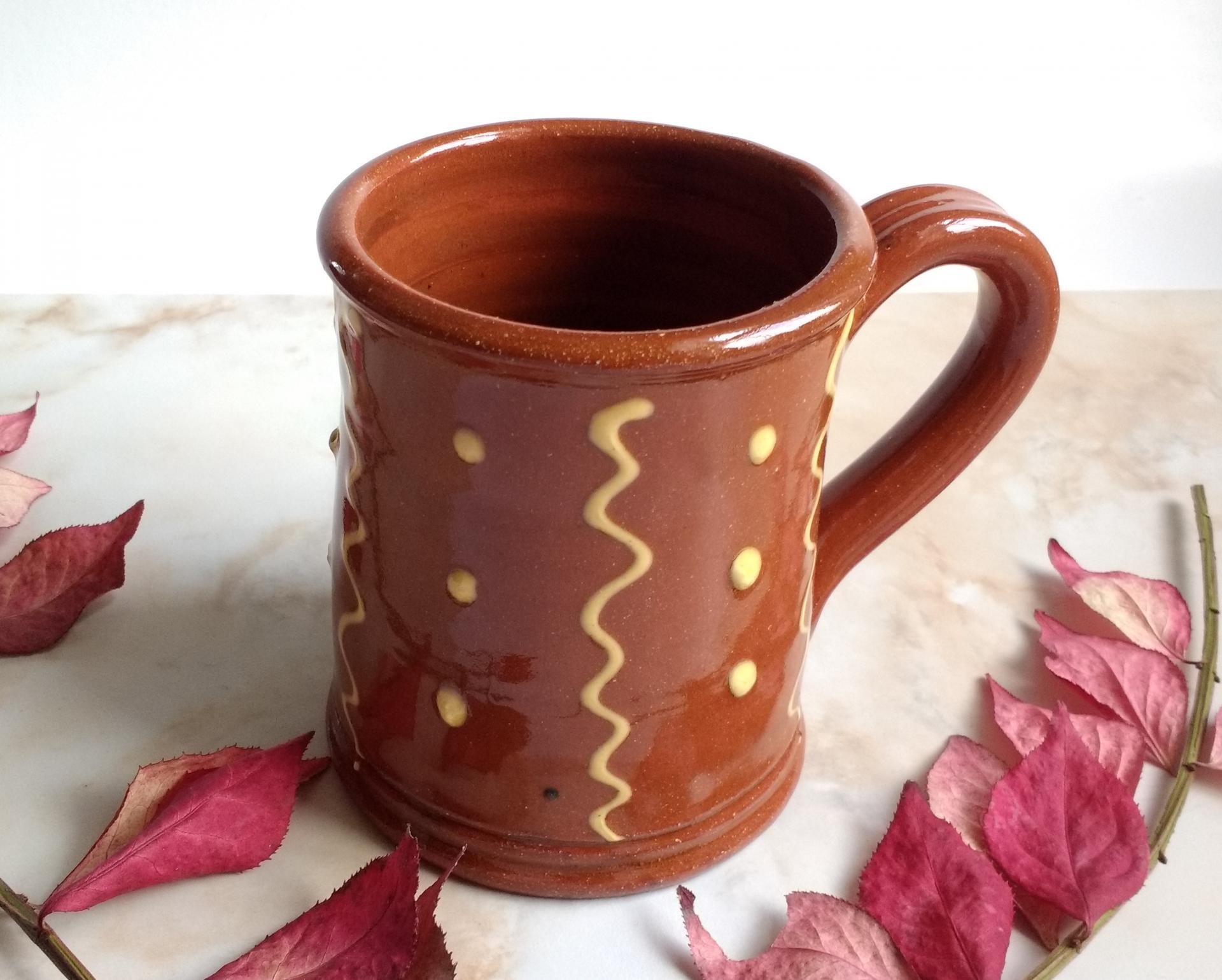 Redware 12 oz. mug, Squiggles and Dots Pattern