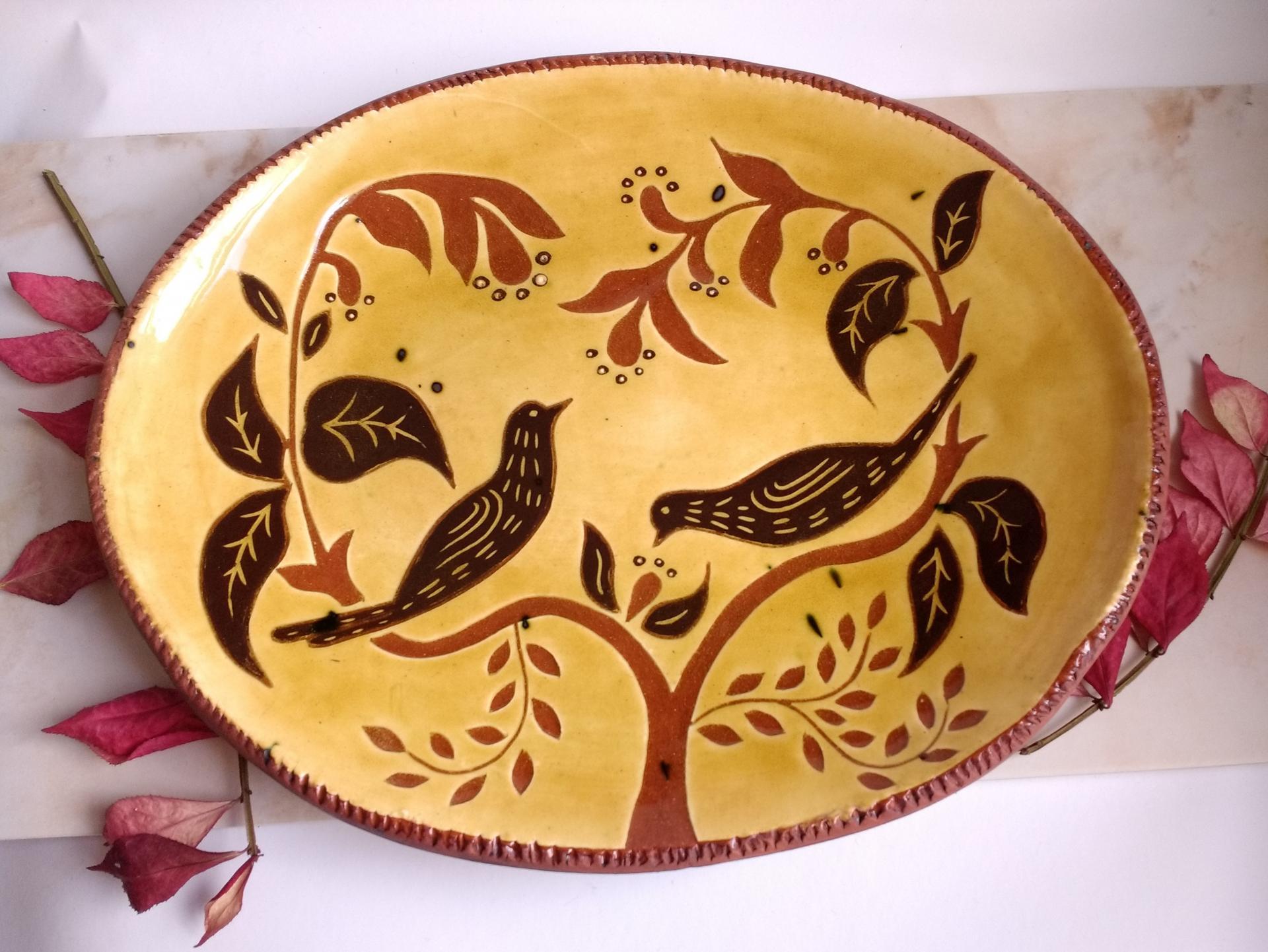 Custom Order Kulina Folk Art Redware Oval Platter, Bird Eating Berries Motif