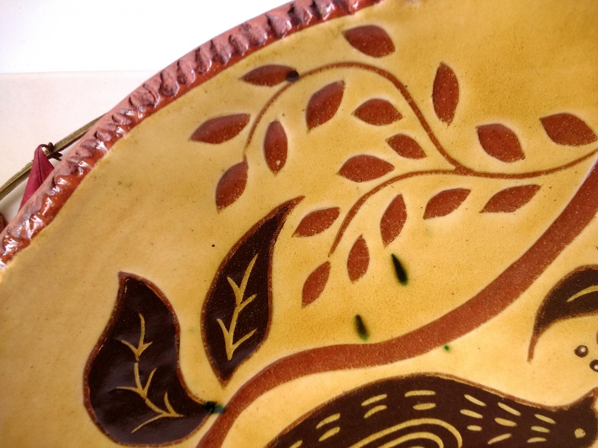 Custom Order Kulina Folk Art Redware Oval Platter, Bird Eating Berries Motif