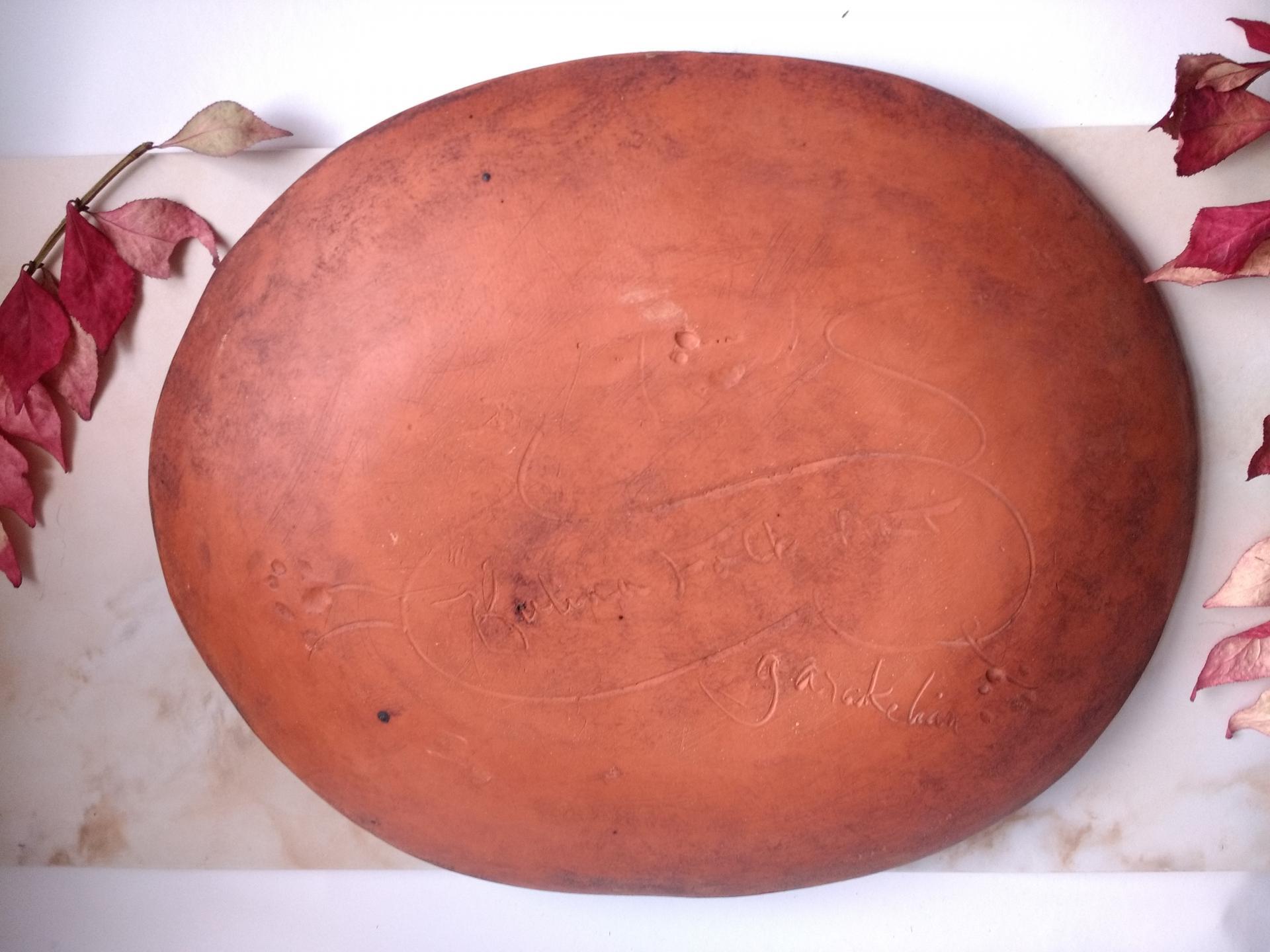 Custom Order Kulina Folk Art Redware Oval Platter, Bird Eating Berries Motif