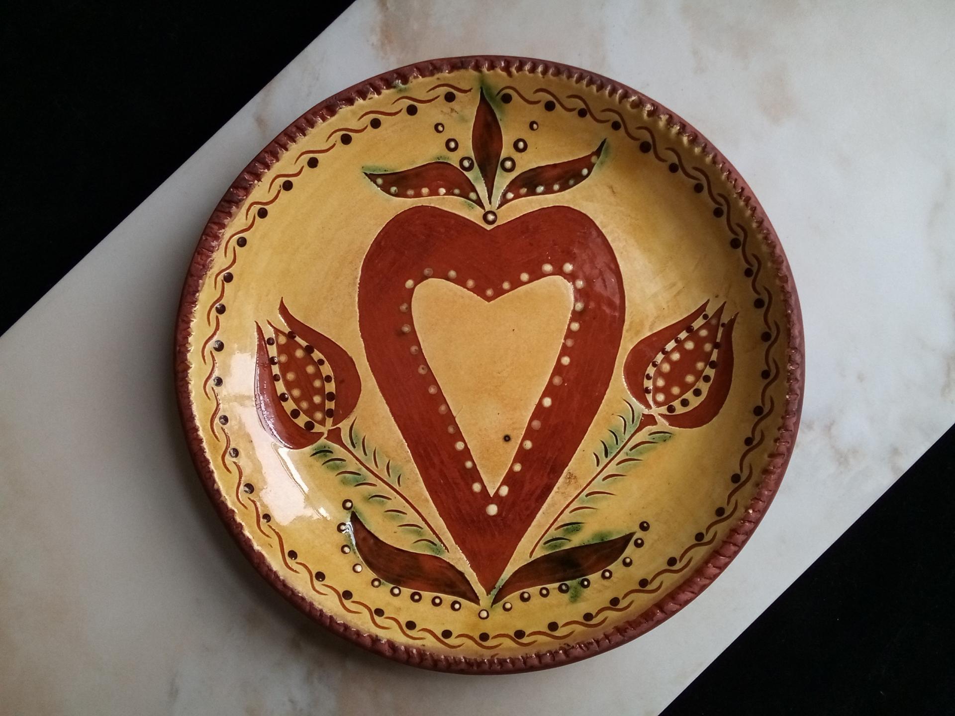 Custom Order Kulina Folk Art Redware 11 in. Plate, Heart, Tulips and Leaves