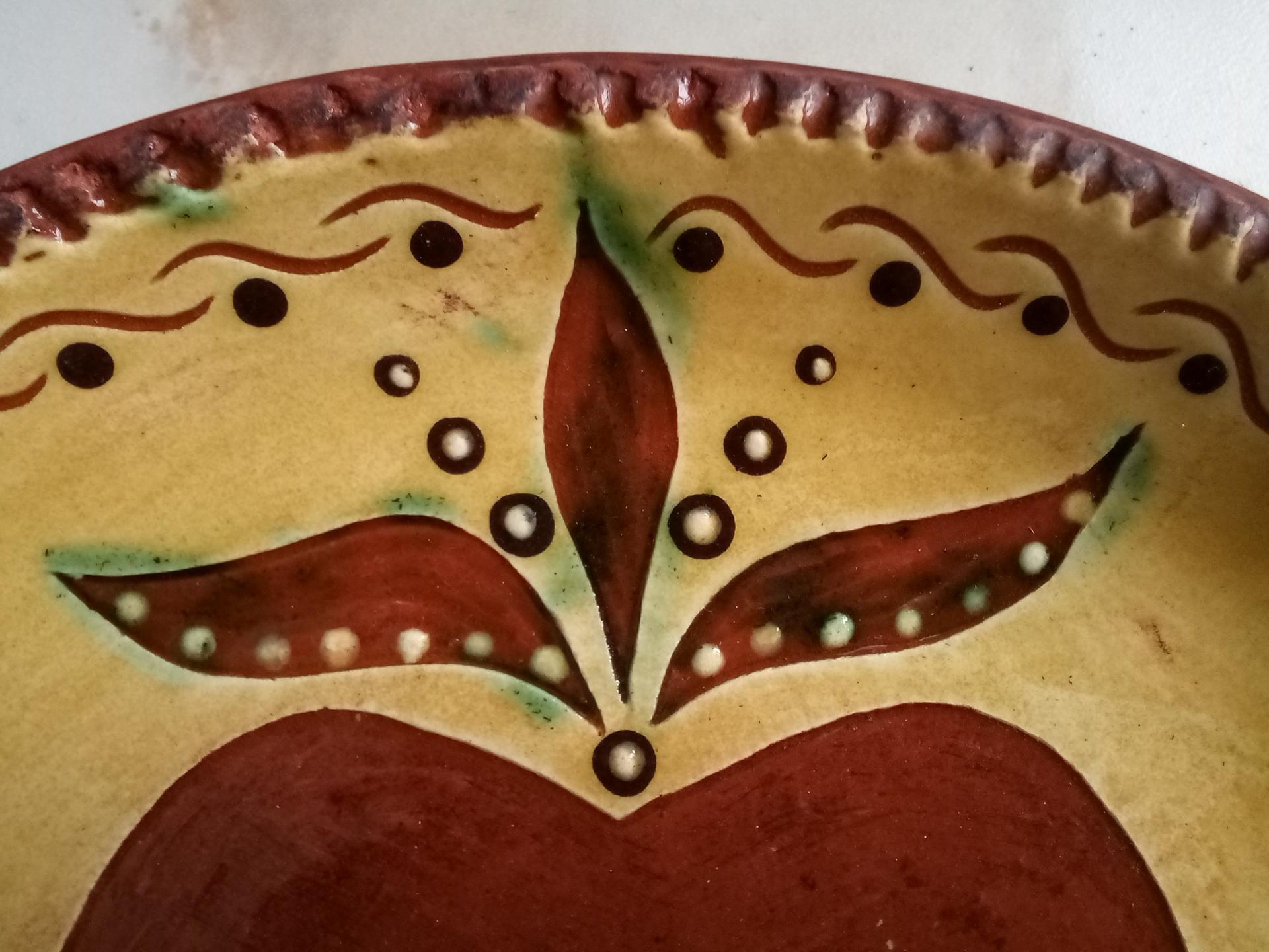 Custom Order Kulina Folk Art Redware 11 in. Plate, Heart, Tulips and Leaves