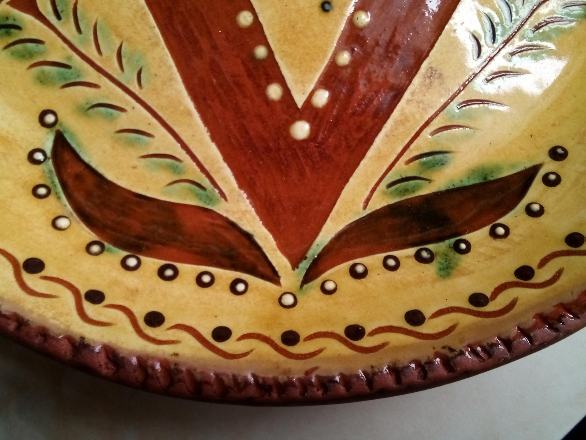 Custom Order Kulina Folk Art Redware 11 in. Plate, Heart, Tulips and Leaves