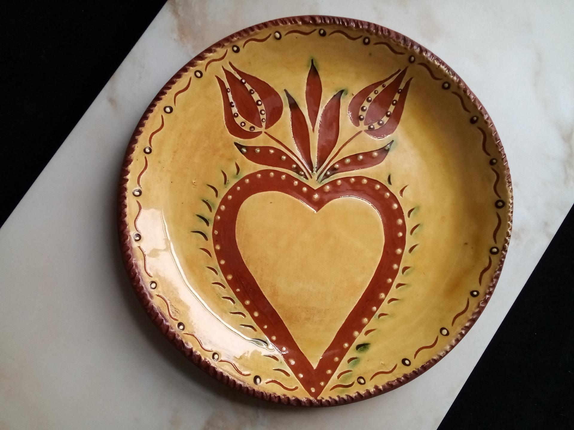 Custom Order Redware 11 in Plate with Heart and Tulips Sgraffito Motif