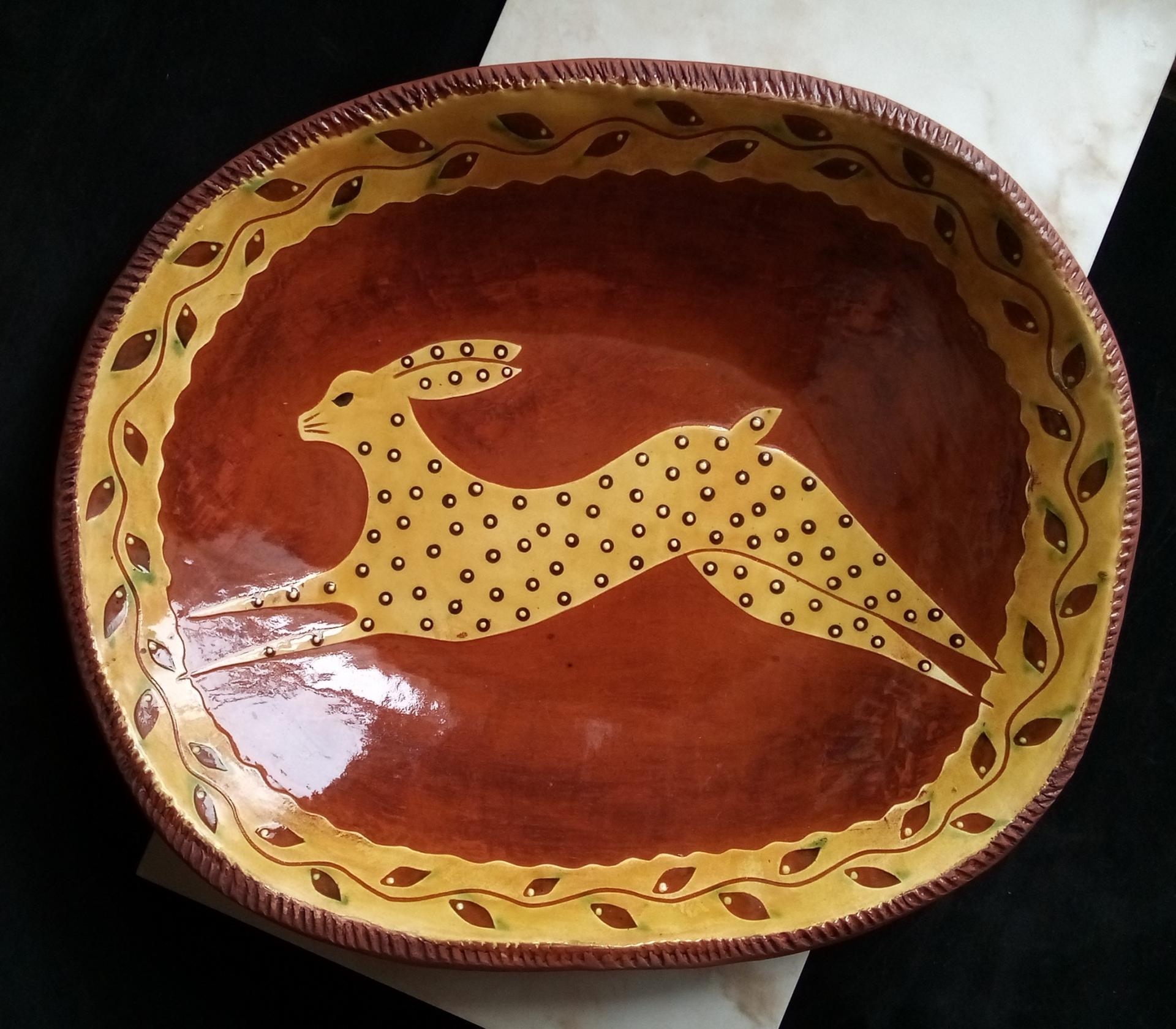 Custom Order Kulina Folk Art Redware Trencher with Leaping Hare Motif