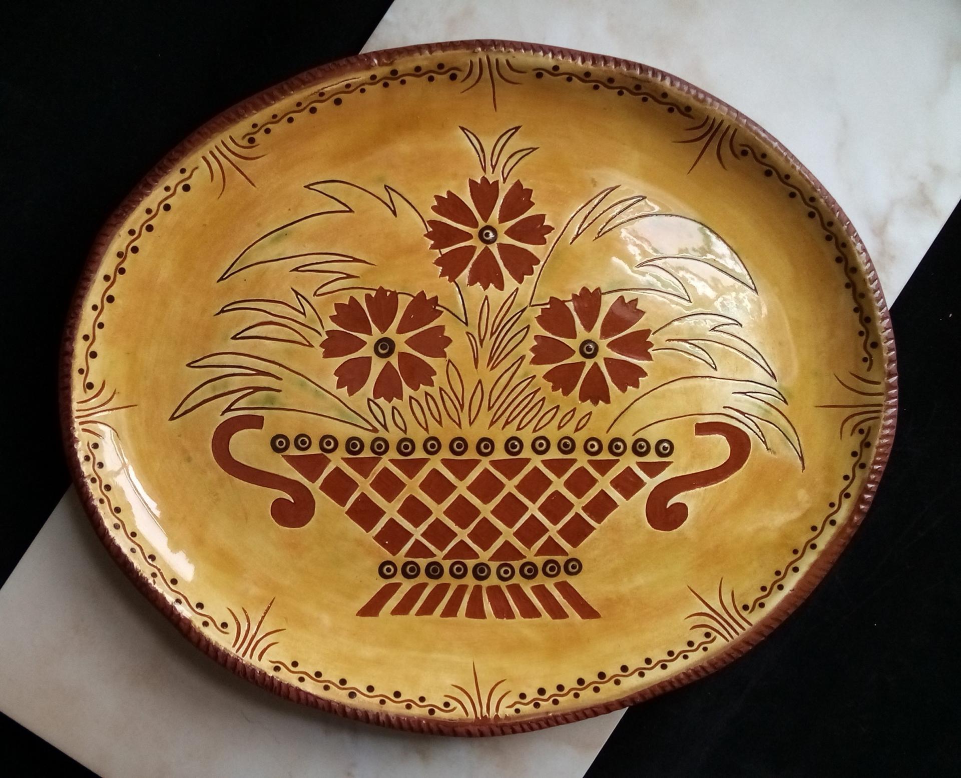 Custom Order Kulina Folk Art Redware Oval Platter with Flower Basket Sgraffito Decoration