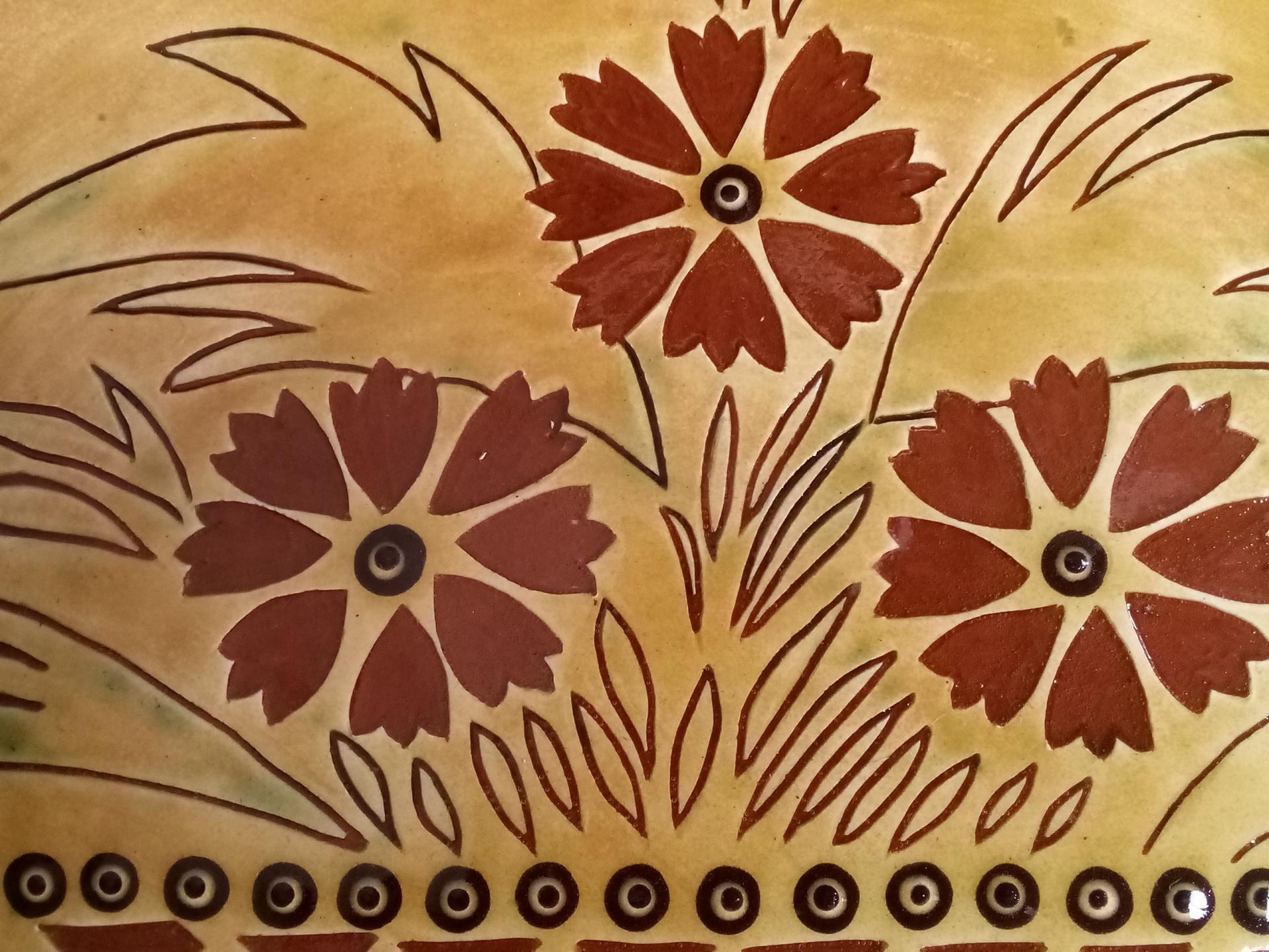Custom Order Kulina Folk Art Redware Oval Platter with Flower Basket Sgraffito Decoration