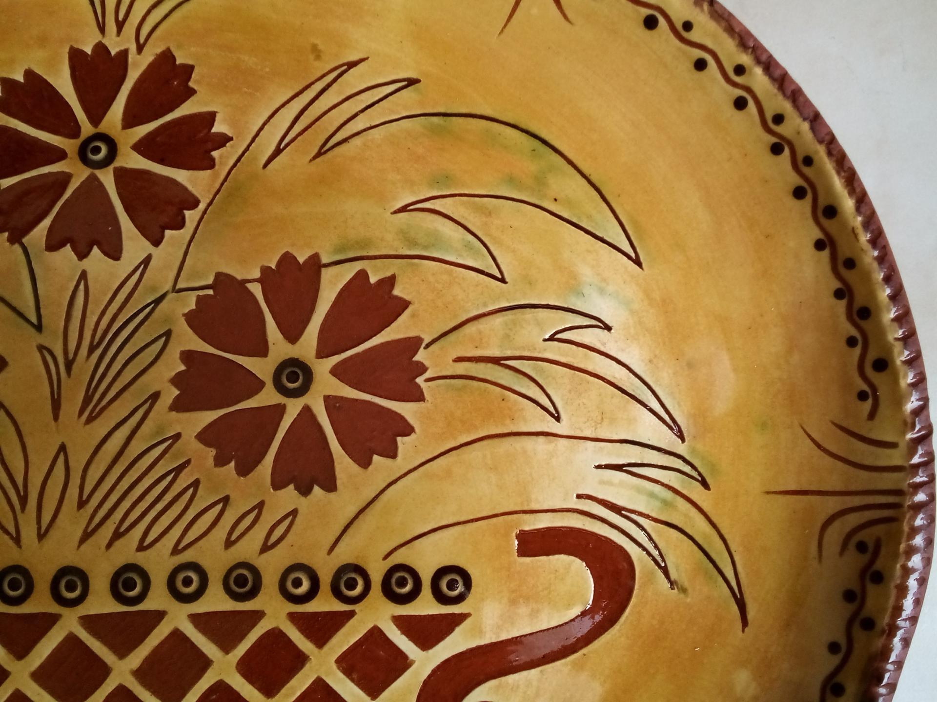 Custom Order Kulina Folk Art Redware Oval Platter with Flower Basket Sgraffito Decoration