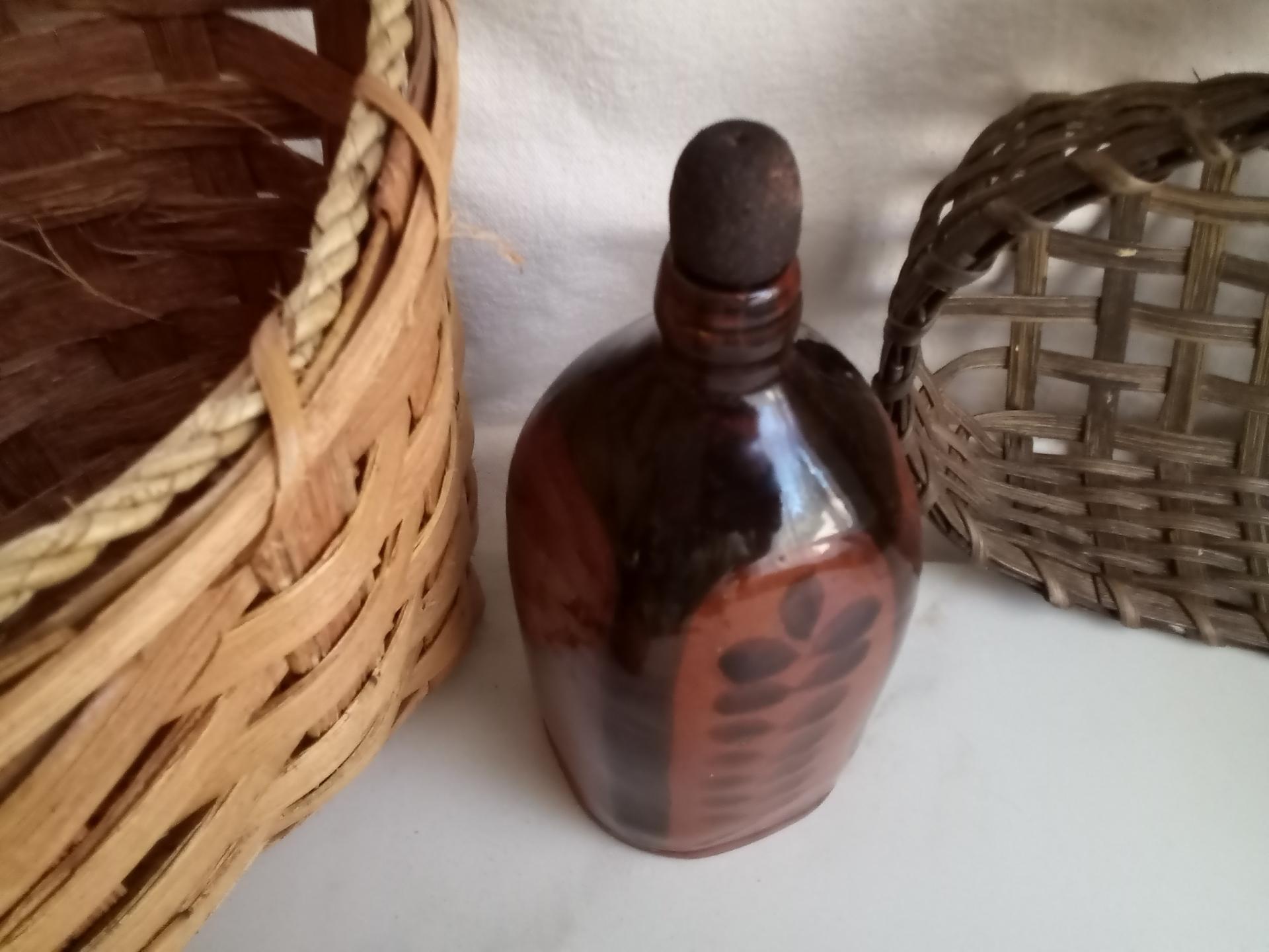 Redware Bottle and Stopper with Black Motif and Square Bottom