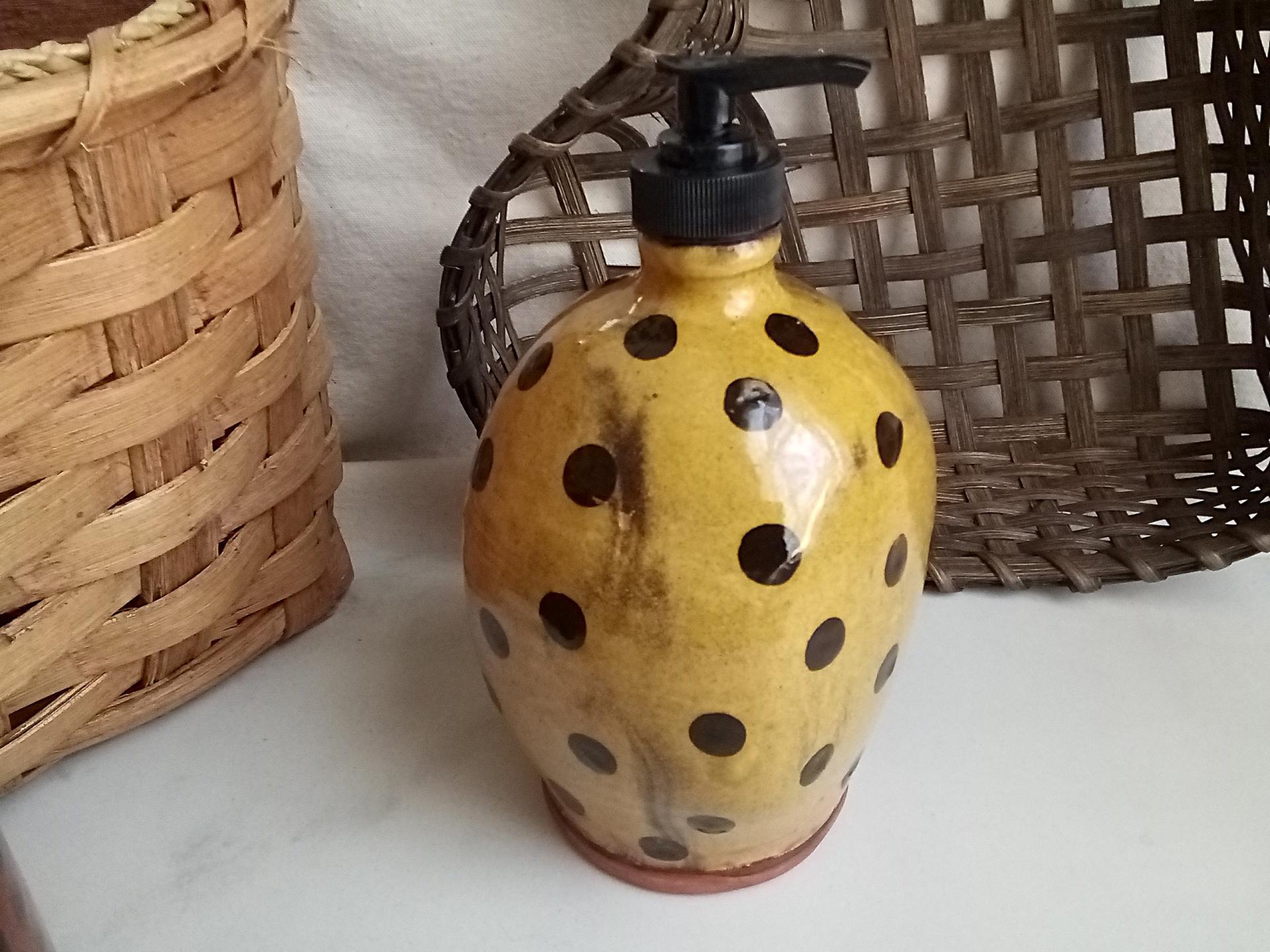 Redware Soap or Lotion Dispenser Bottle, Large Size with Black Dots