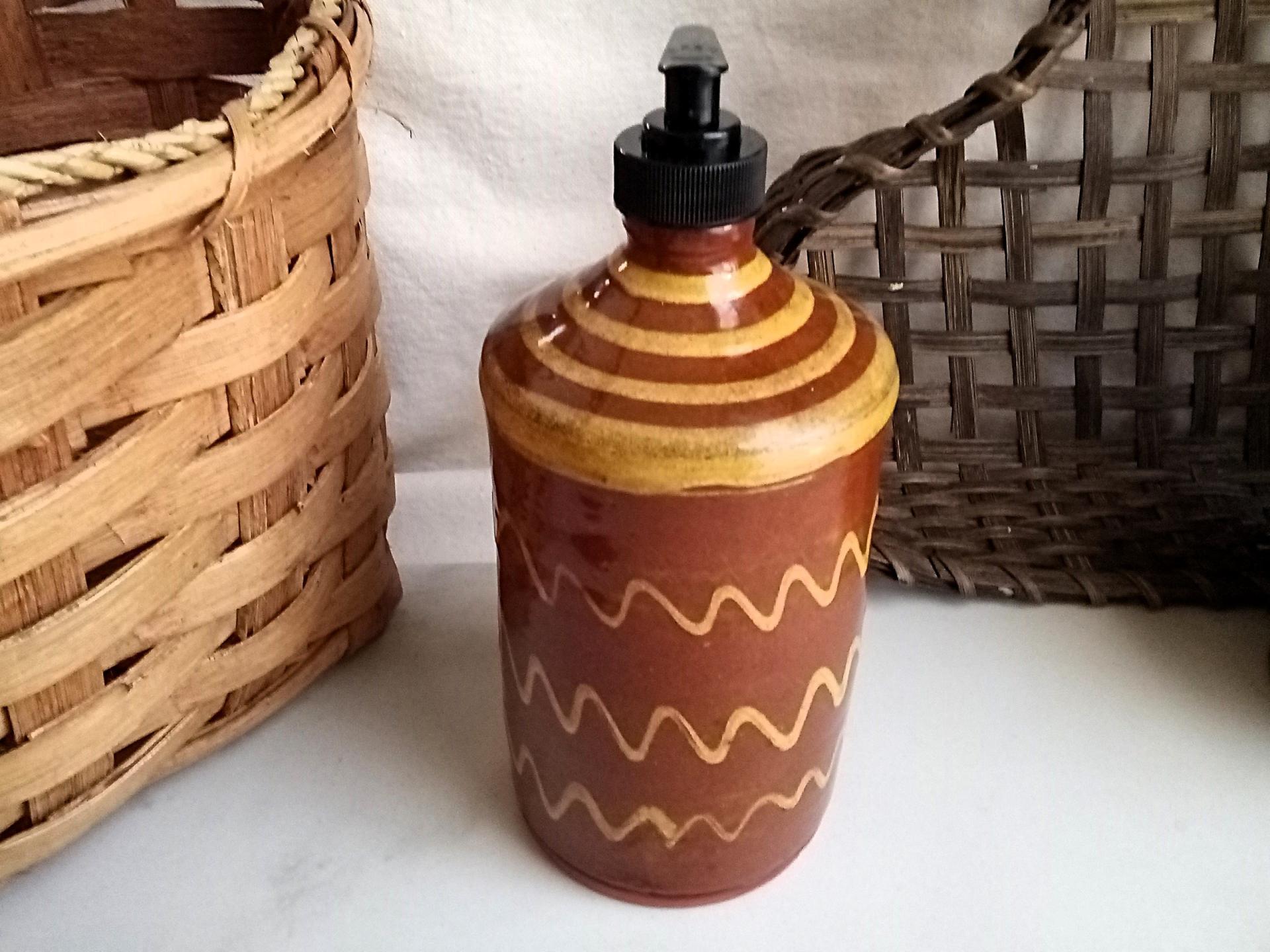 Large Redware Soap or Lotion Dispenser Bottle with Squiggles, One-of-a-Kind