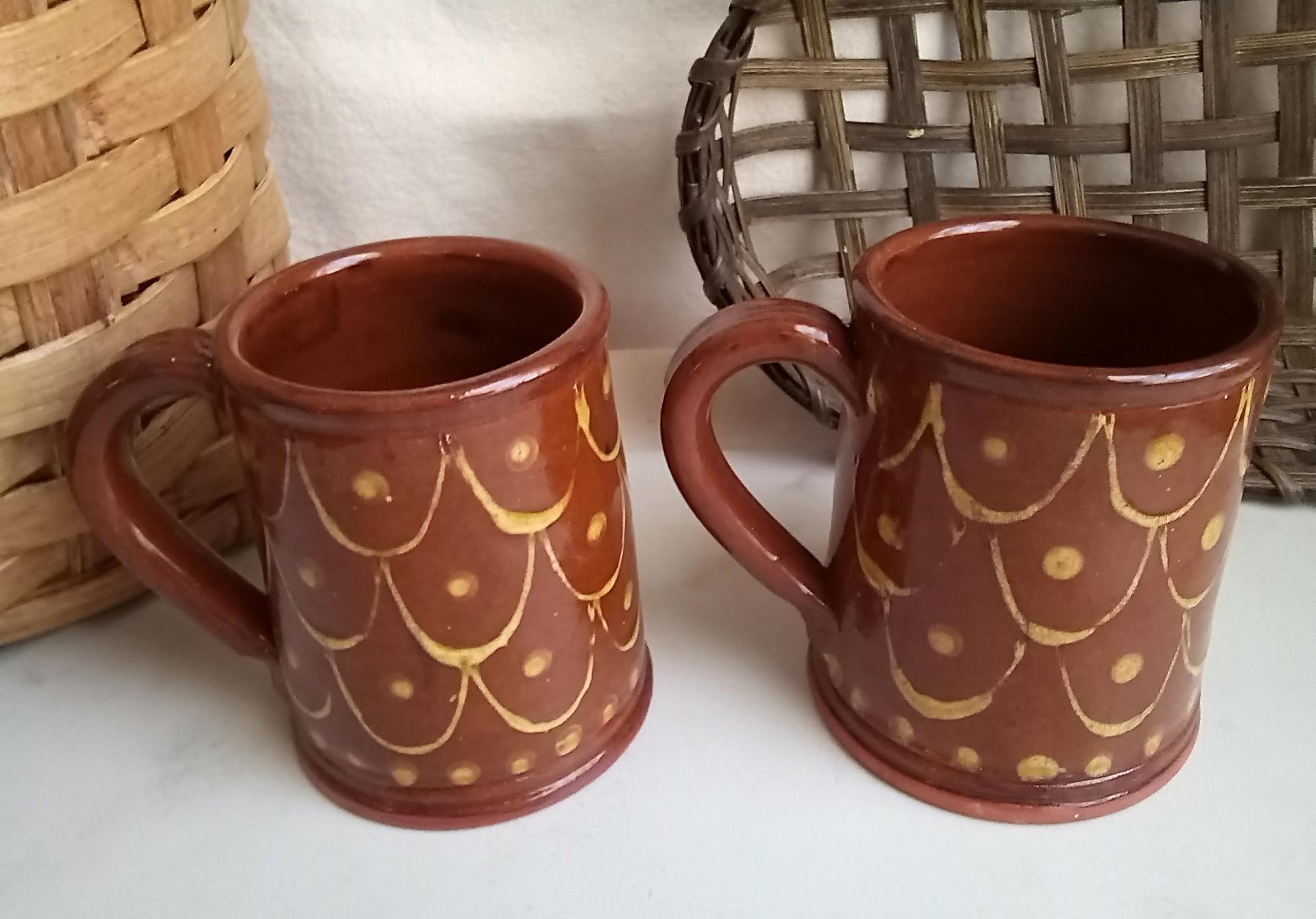 Redware Mugs (2), One-of-a-Kind Slipware Pattern. Antiqued