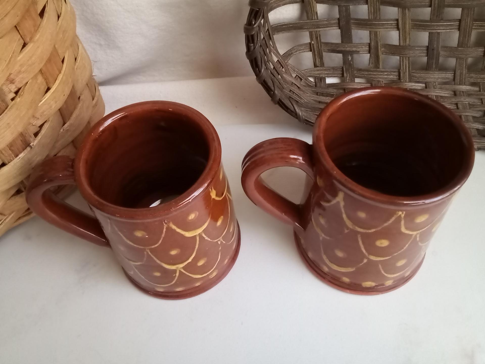 Redware Mugs (2), One-of-a-Kind Slipware Pattern. Antiqued